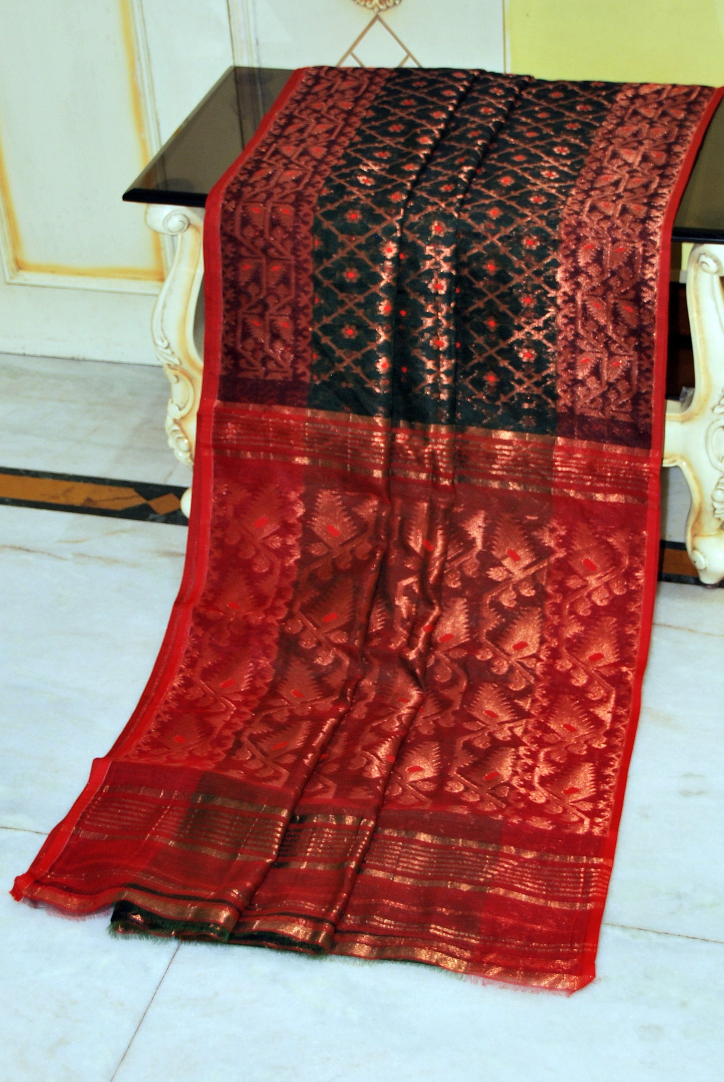 Soft Zari Brocade Dhakai Jamdani Saree in Black, Red and Copper