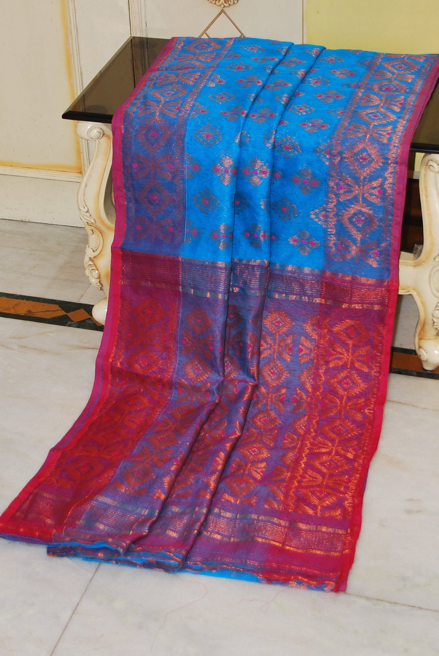 Soft Zari Brocade Dhakai Jamdani Saree in Blue, Hot Pink and Copper