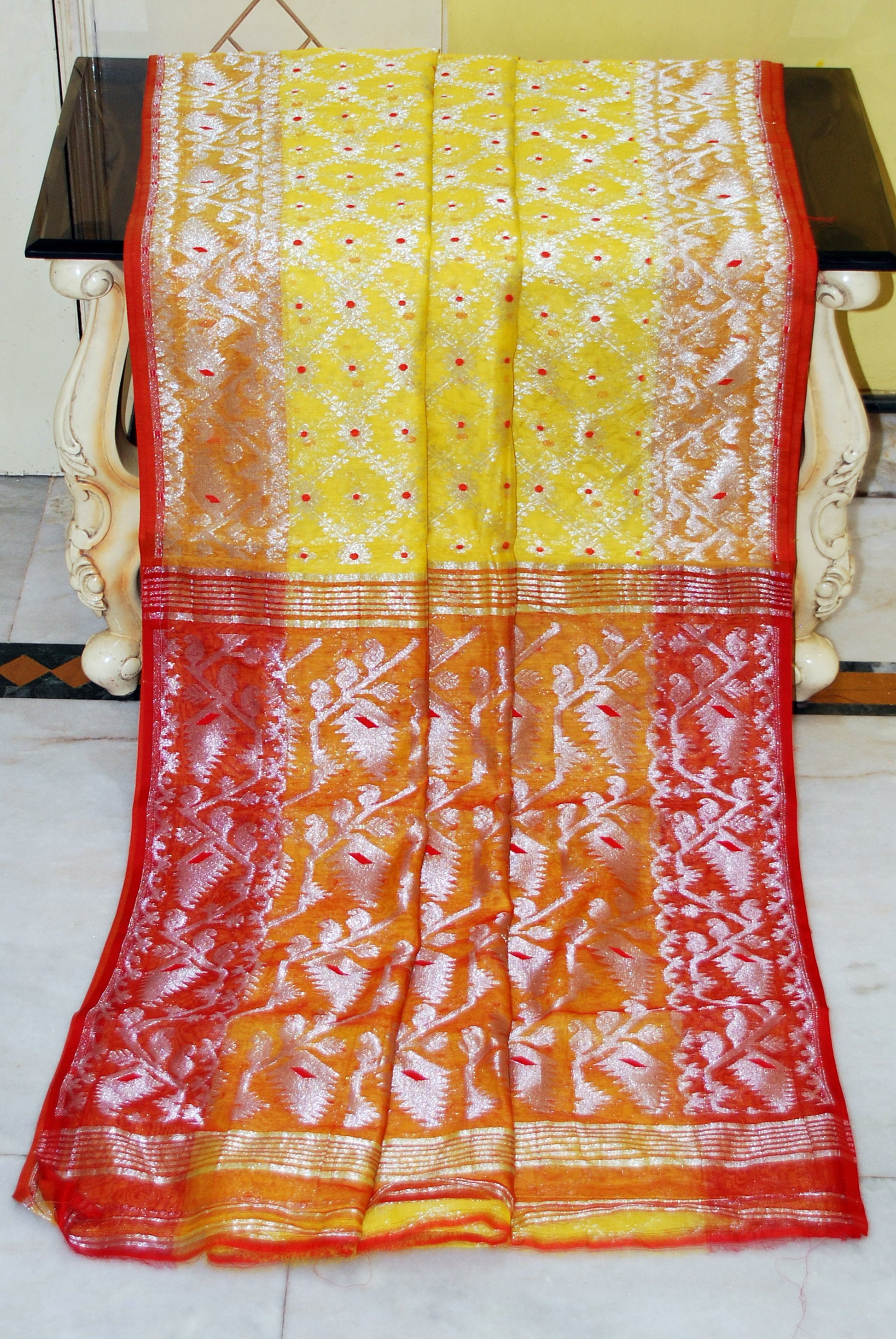 Soft Zari Brocade Dhakai Jamdani Saree in Pastel Yellow, Red and Silver