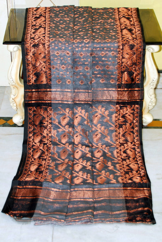 Soft Zari Brocade Dhakai Jamdani Saree in Grey, Black and Copper