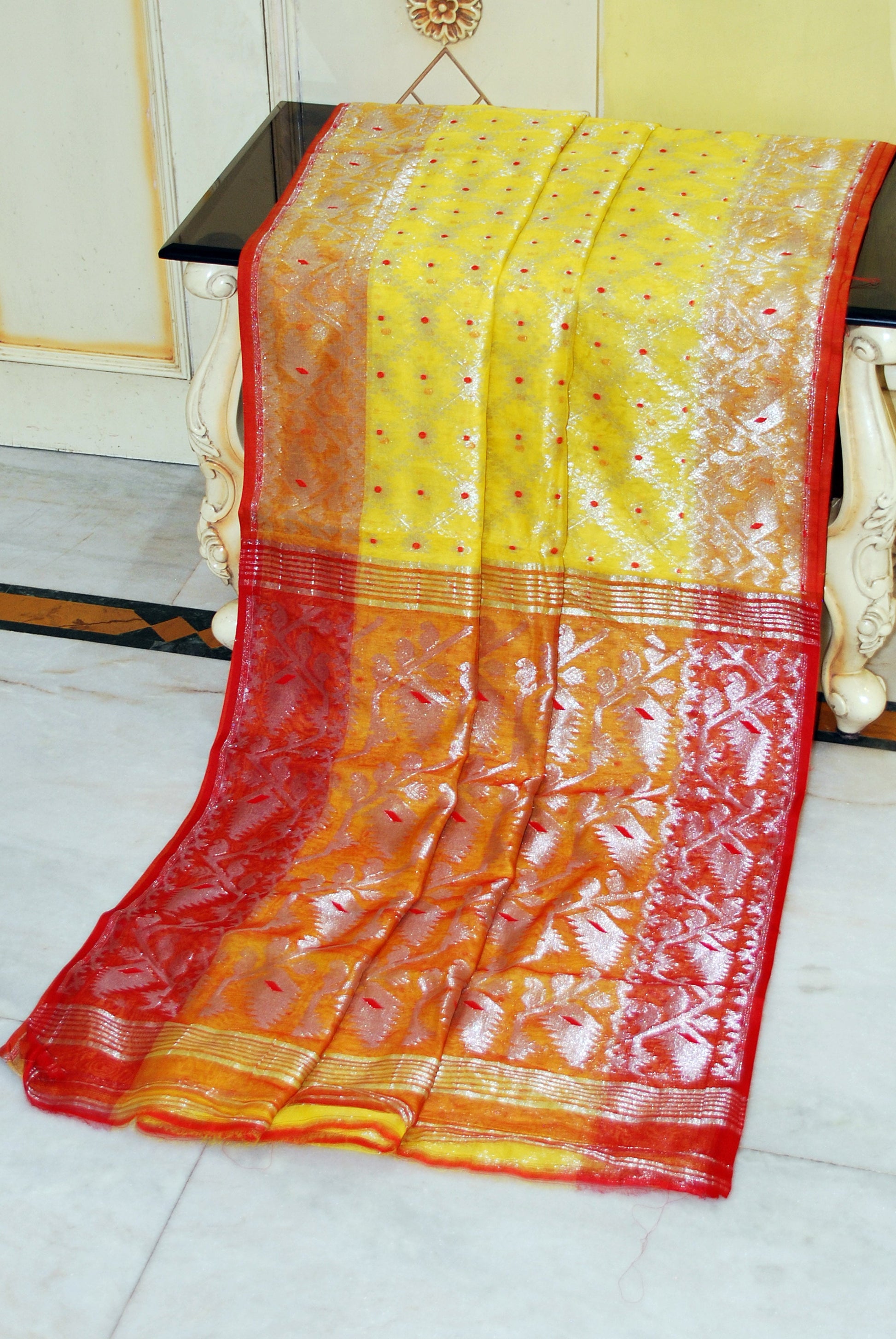 Soft Zari Brocade Dhakai Jamdani Saree in Pastel Yellow, Red and Silver