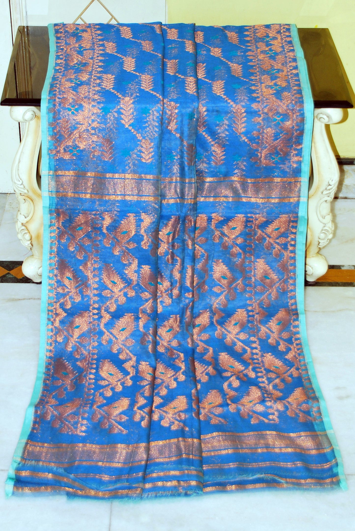 Soft Zari Brocade Dhakai Jamdani Saree in Denim Blue, Turquoise and Copper