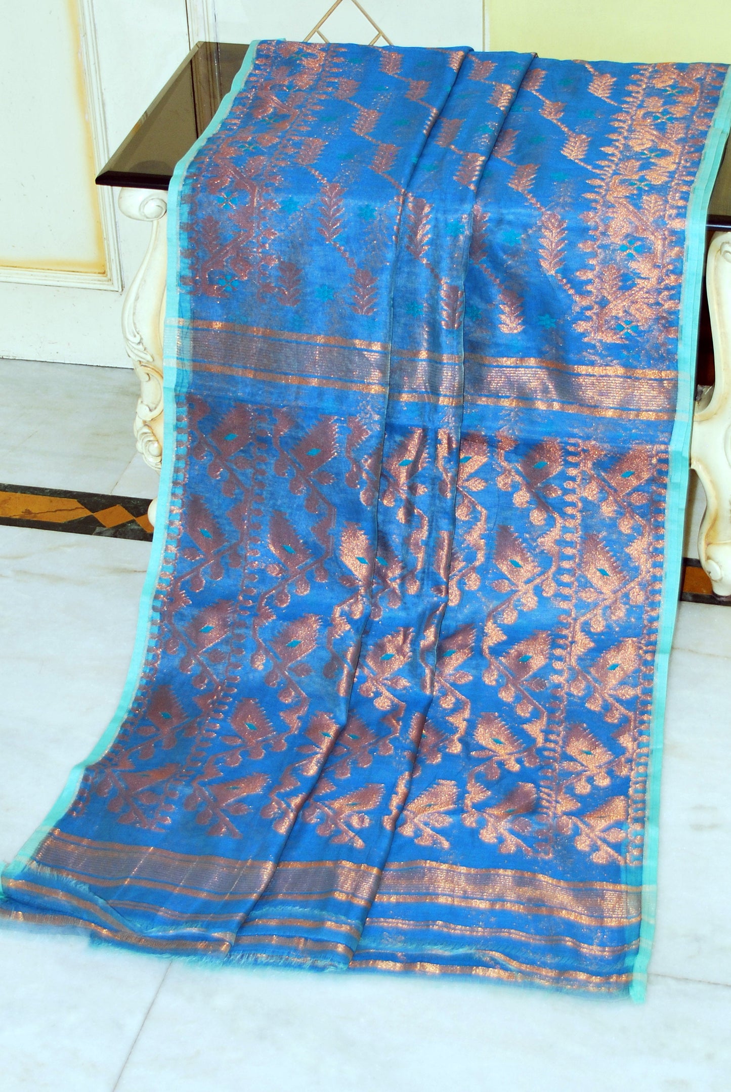 Soft Zari Brocade Dhakai Jamdani Saree in Denim Blue, Turquoise and Copper