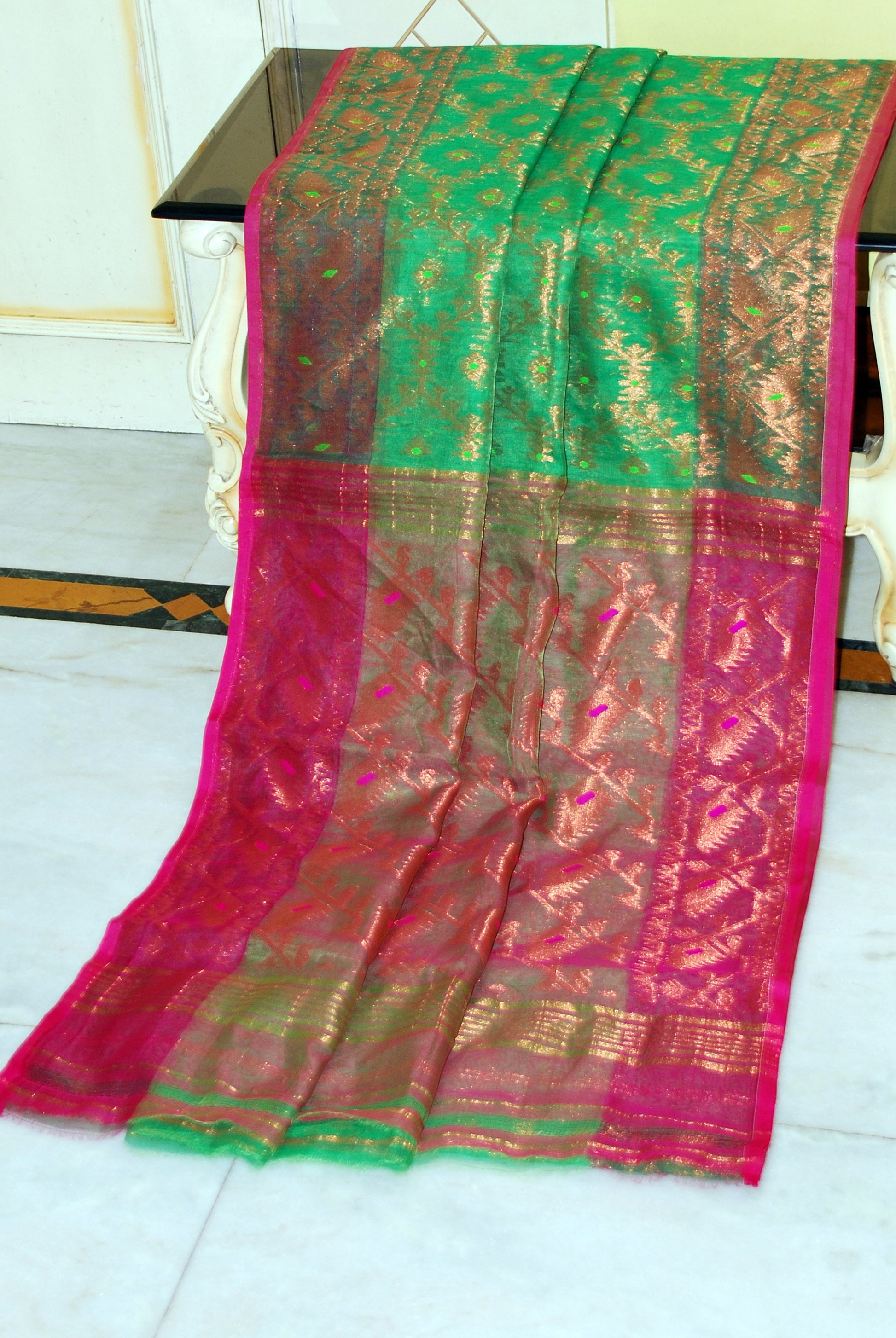 Soft Zari Brocade Dhakai Jamdani Saree in Green, Hot Pink and Golden