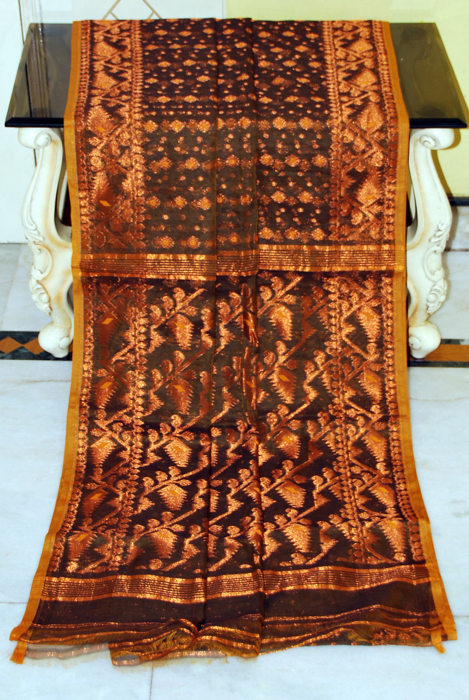 Soft Zari Brocade Dhakai Jamdani Saree in Brown, Beige and Golden