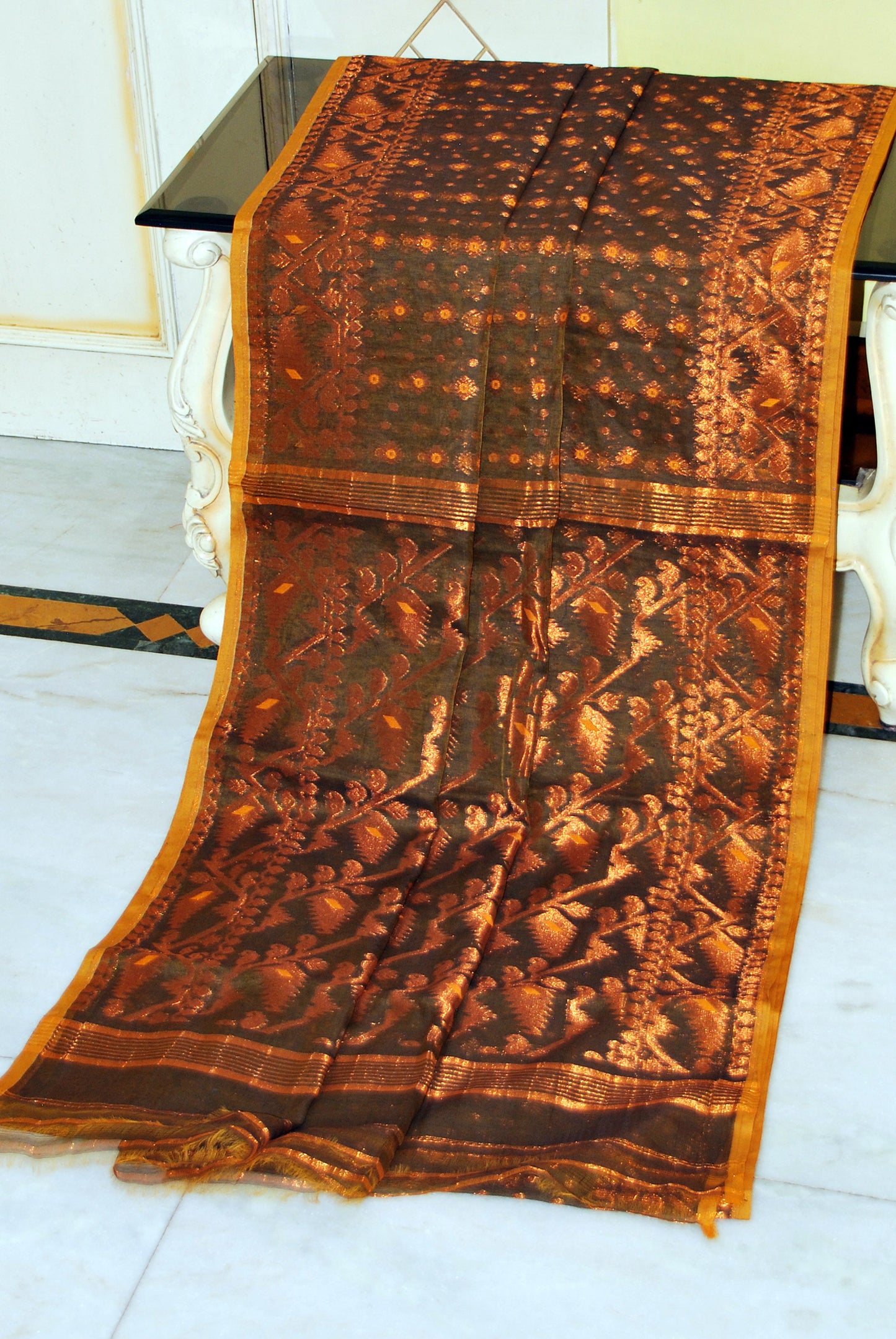 Soft Zari Brocade Dhakai Jamdani Saree in Brown, Beige and Golden