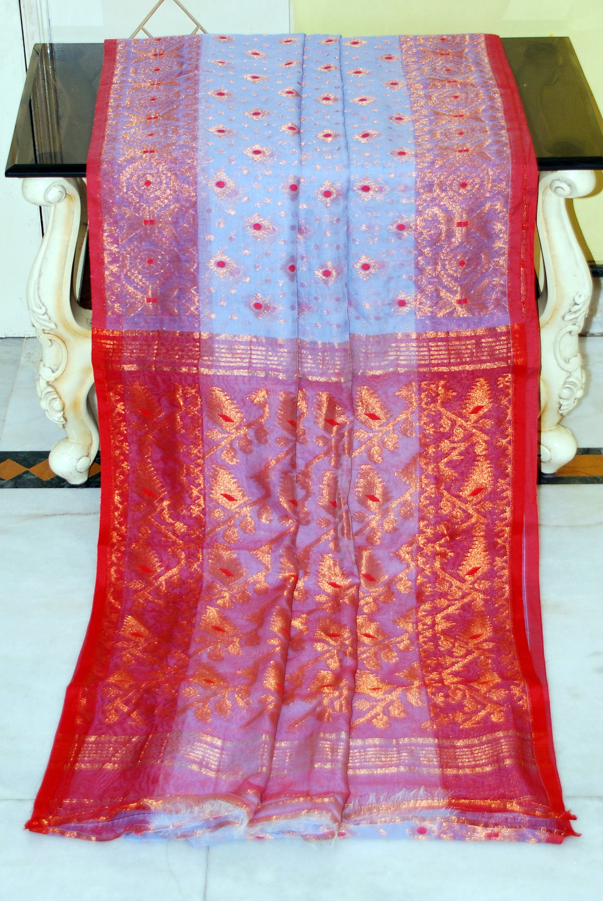 Soft Zari Brocade Dhakai Jamdani Saree in Pastel Blue, Red and Golden