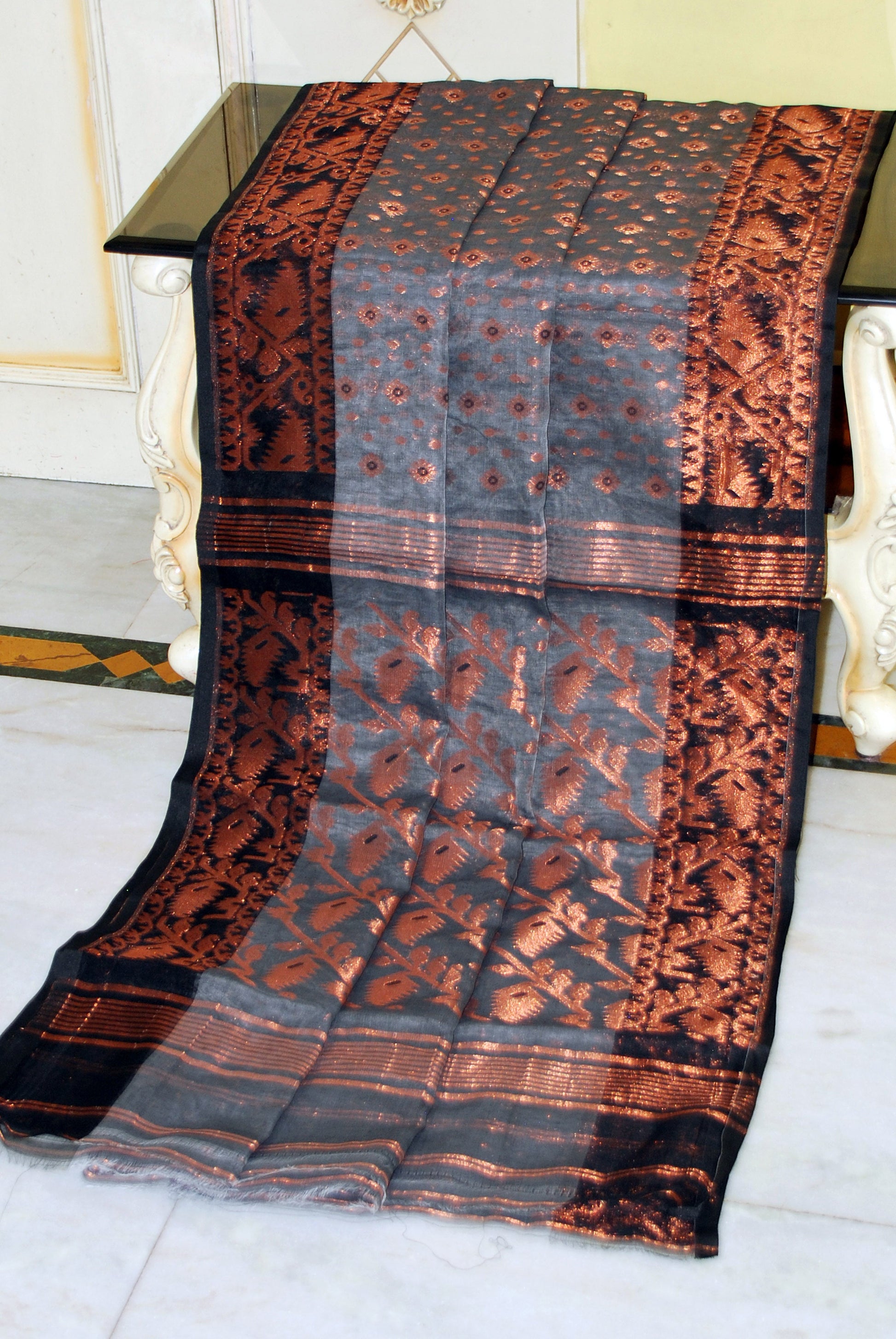 Soft Zari Brocade Dhakai Jamdani Saree in Grey, Black and Copper