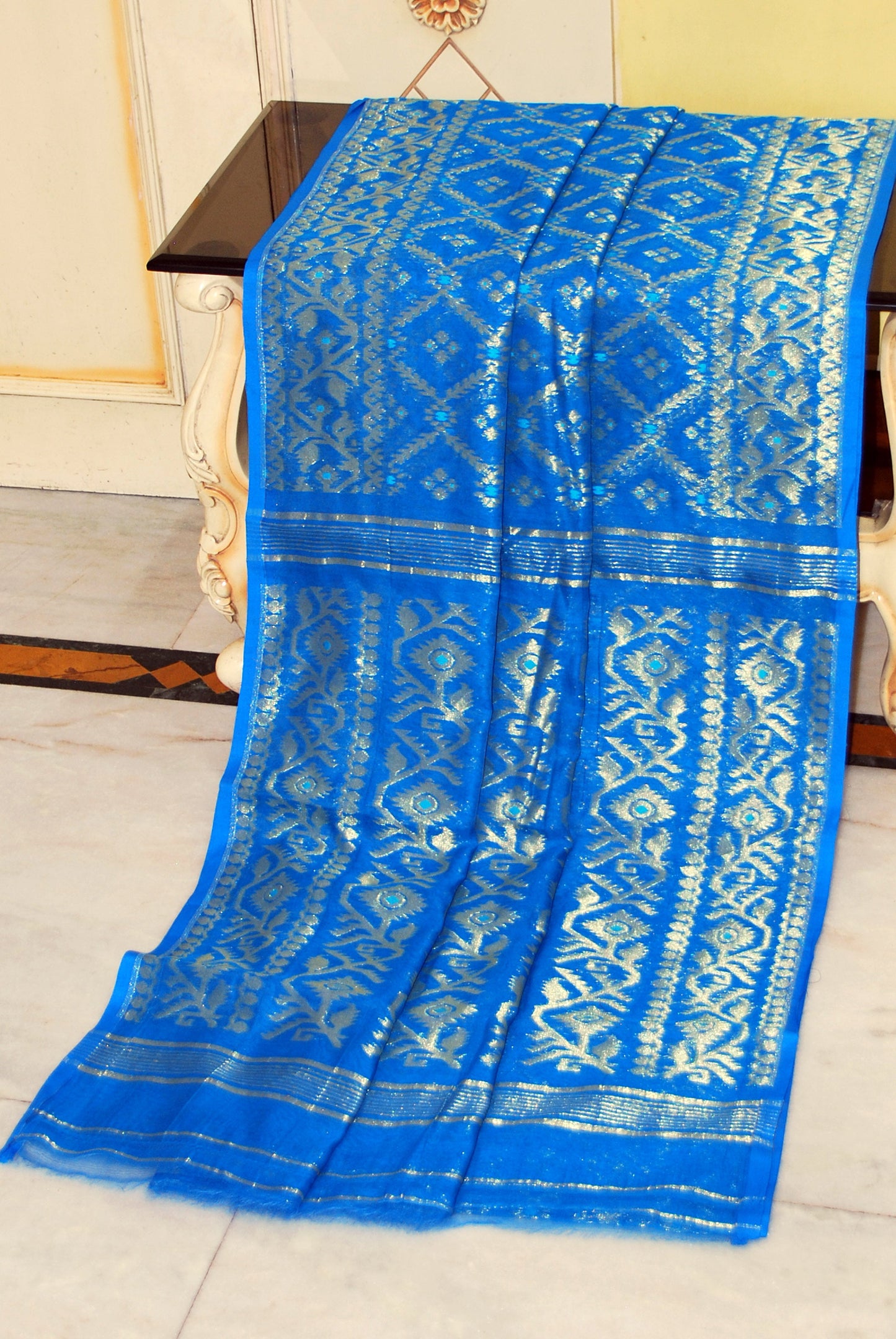 Soft Zari Brocade Dhakai Jamdani Saree in Strobe Blue and Golden