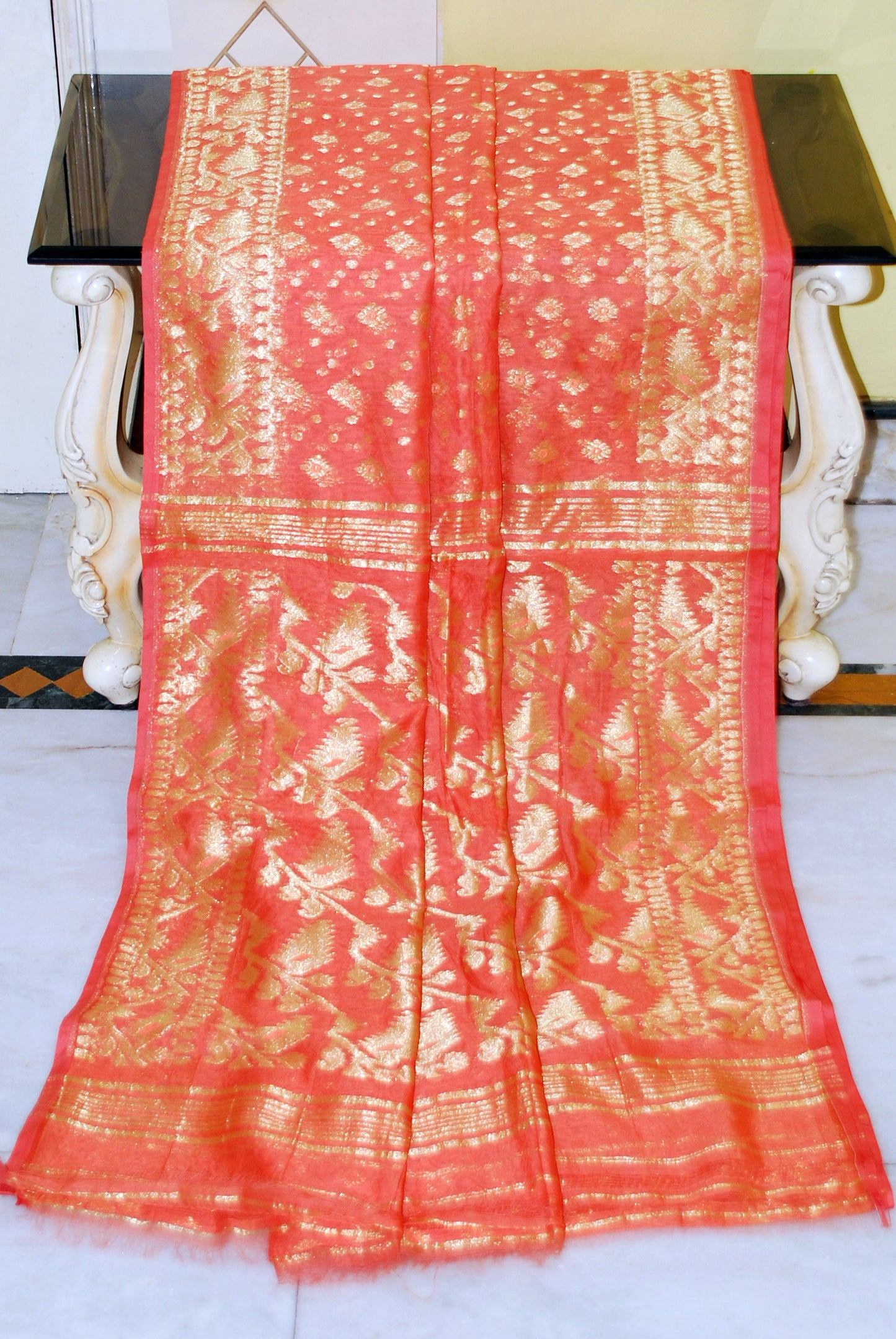 Soft Zari Brocade Dhakai Jamdani Saree in Peach and Golden