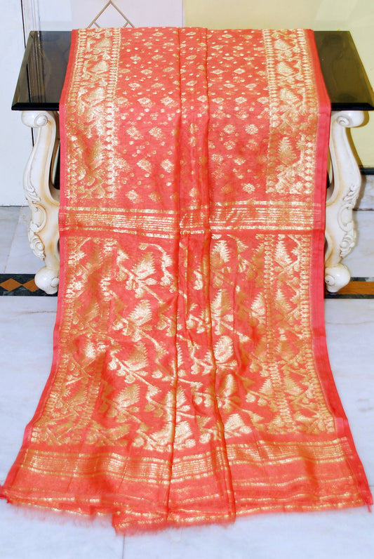 Soft Zari Brocade Dhakai Jamdani Saree in Peach and Golden