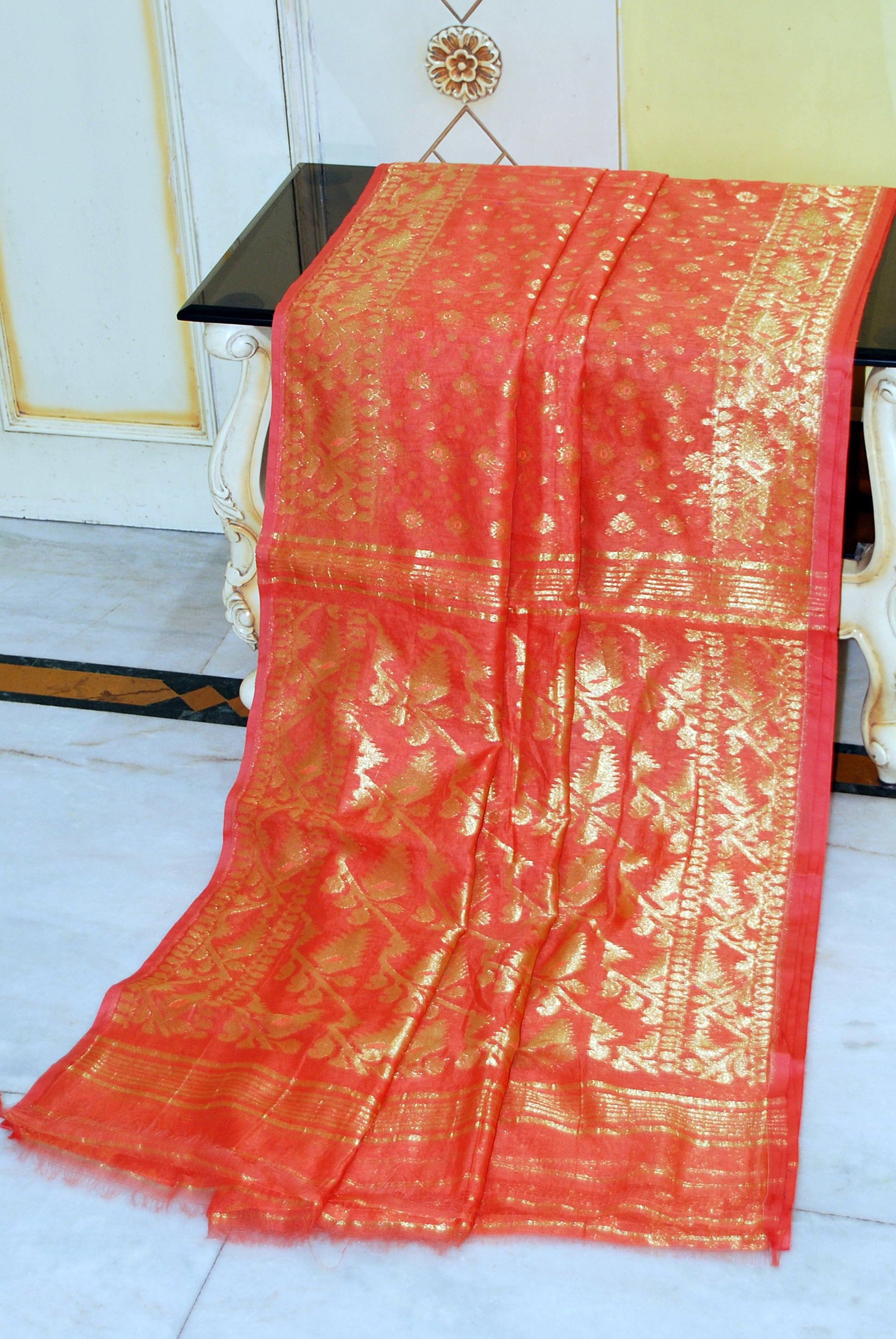 Soft Zari Brocade Dhakai Jamdani Saree in Peach and Golden