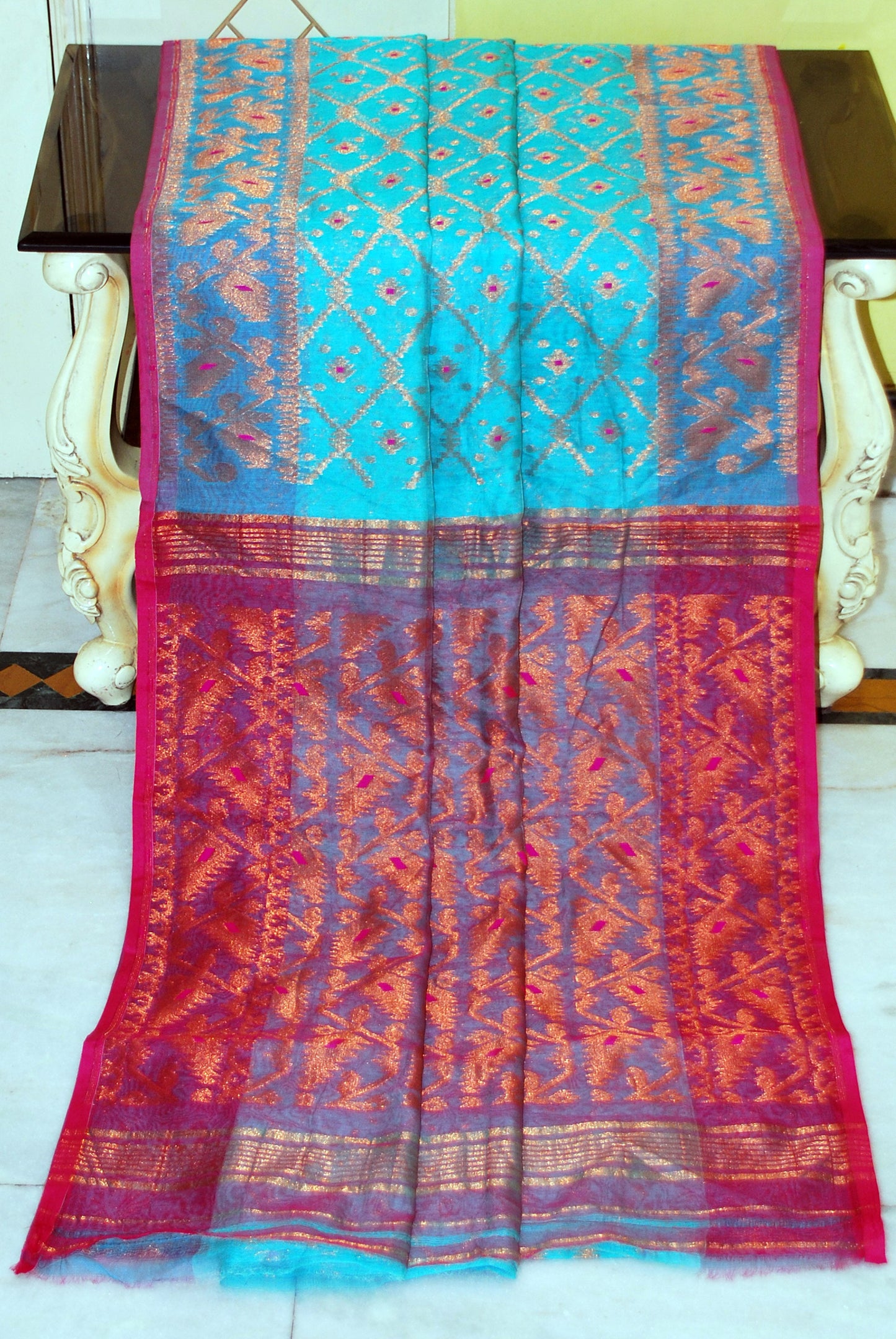 Soft Zari Brocade Dhakai Jamdani Saree in Turquoise Blue, Hot Pink and Copper