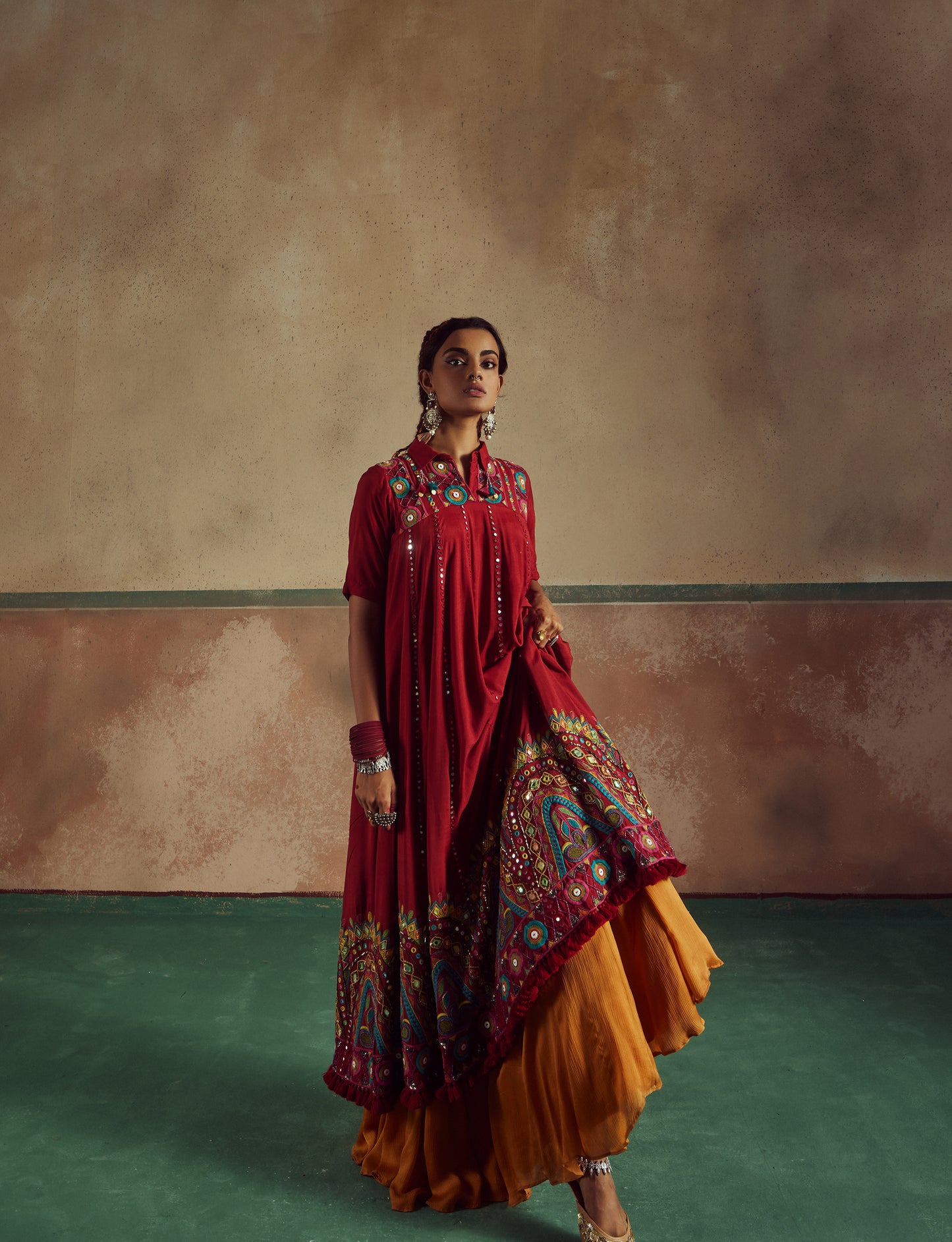 red short choli anarkali with lehenga set Rang