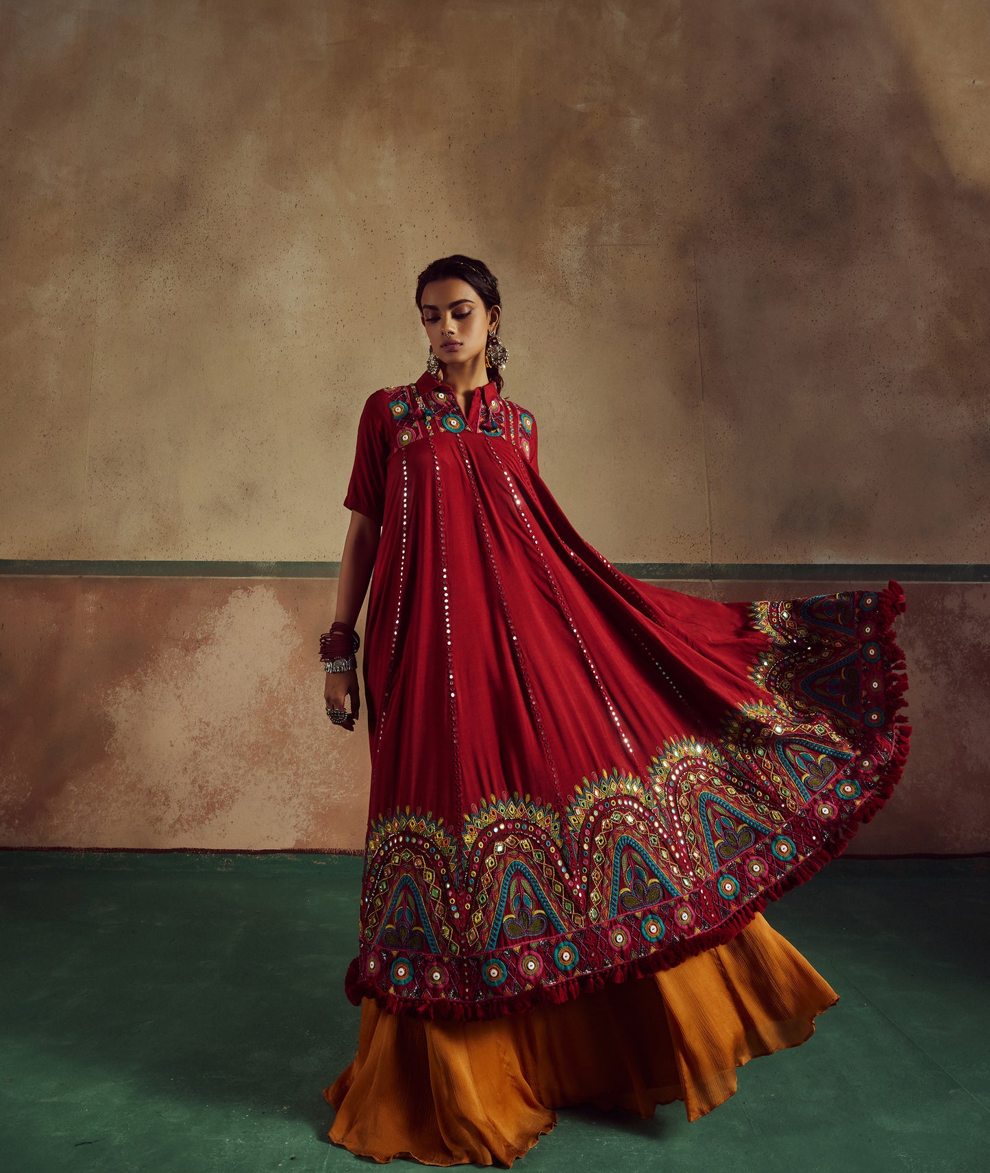 red short choli anarkali with lehenga set Rang