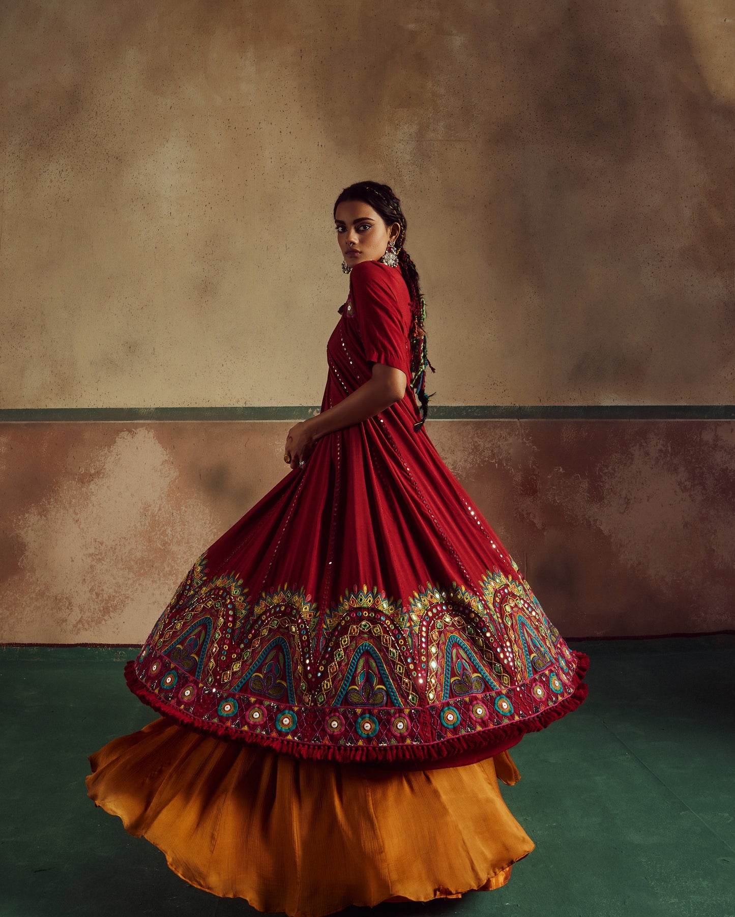 red short choli anarkali with lehenga set Rang