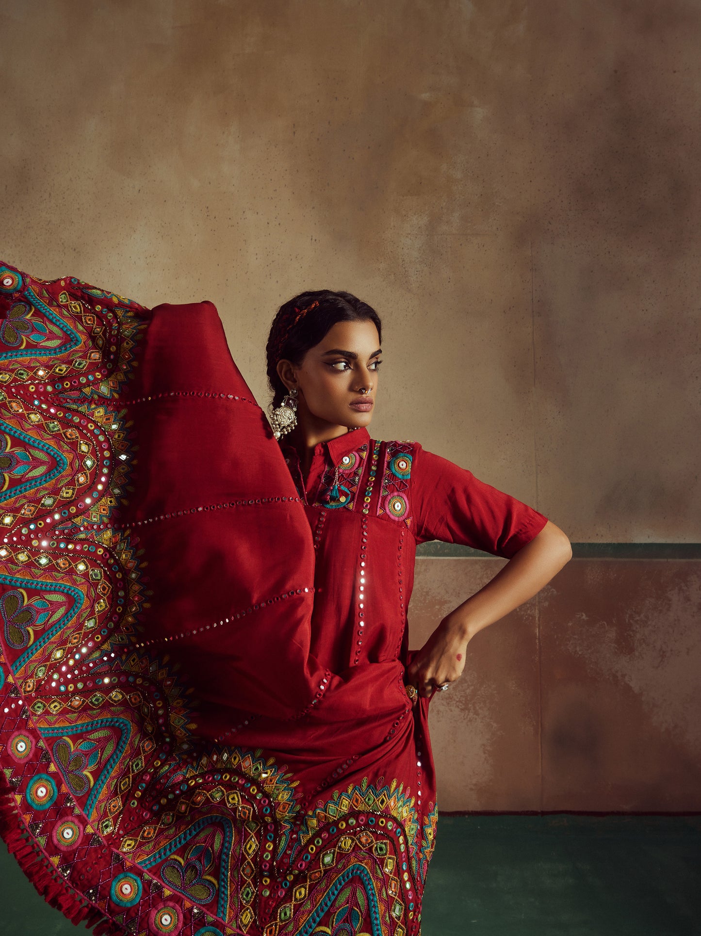 red short choli anarkali with lehenga set Rang