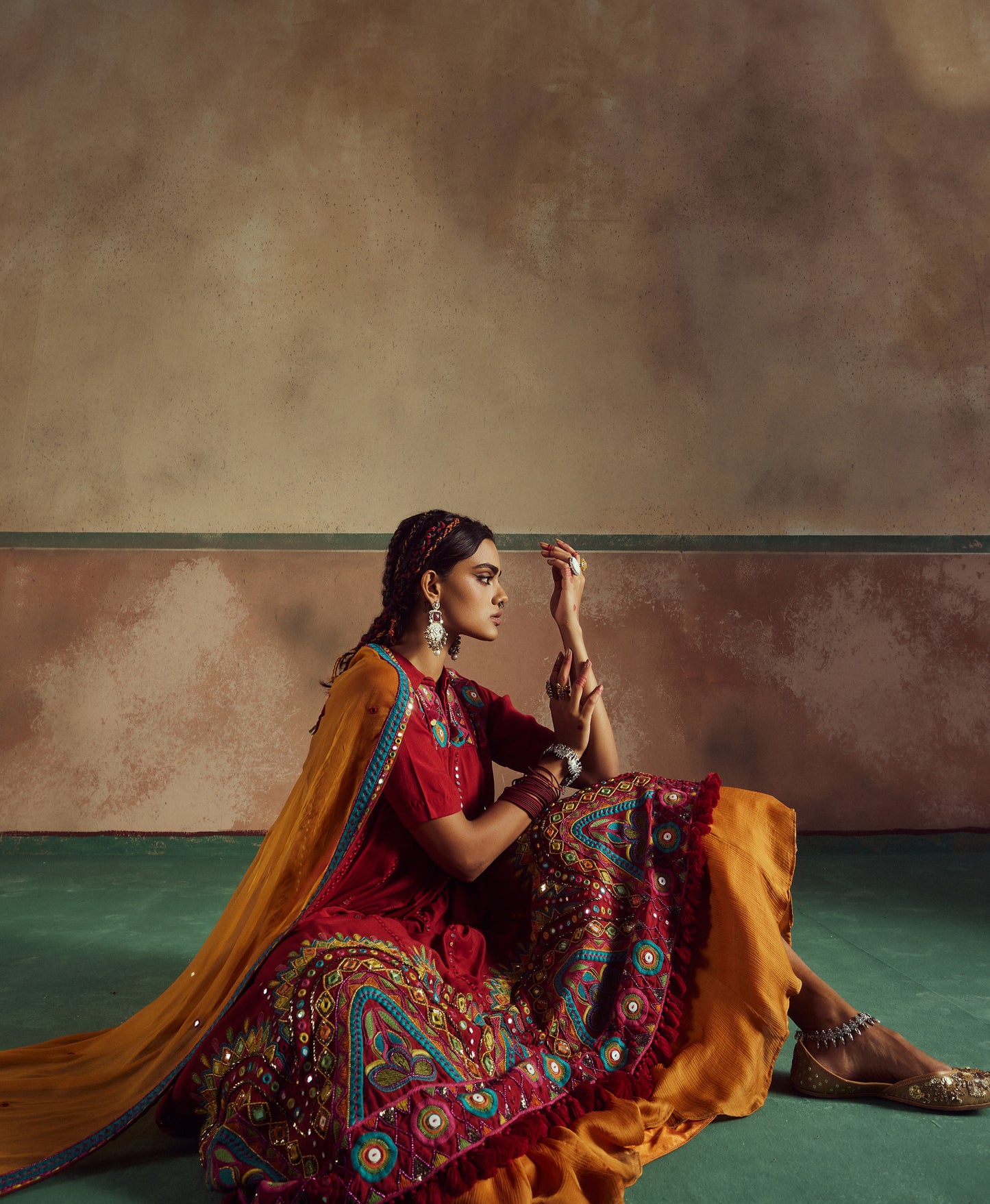 red short choli anarkali with lehenga set Rang