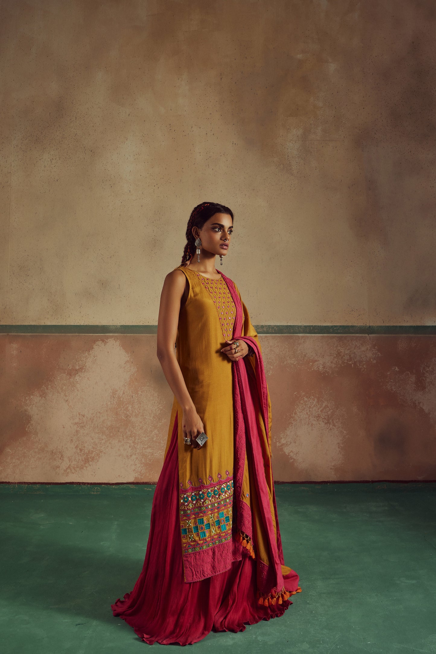 kesari mustard embroidered kurta setwith lehenga Rang