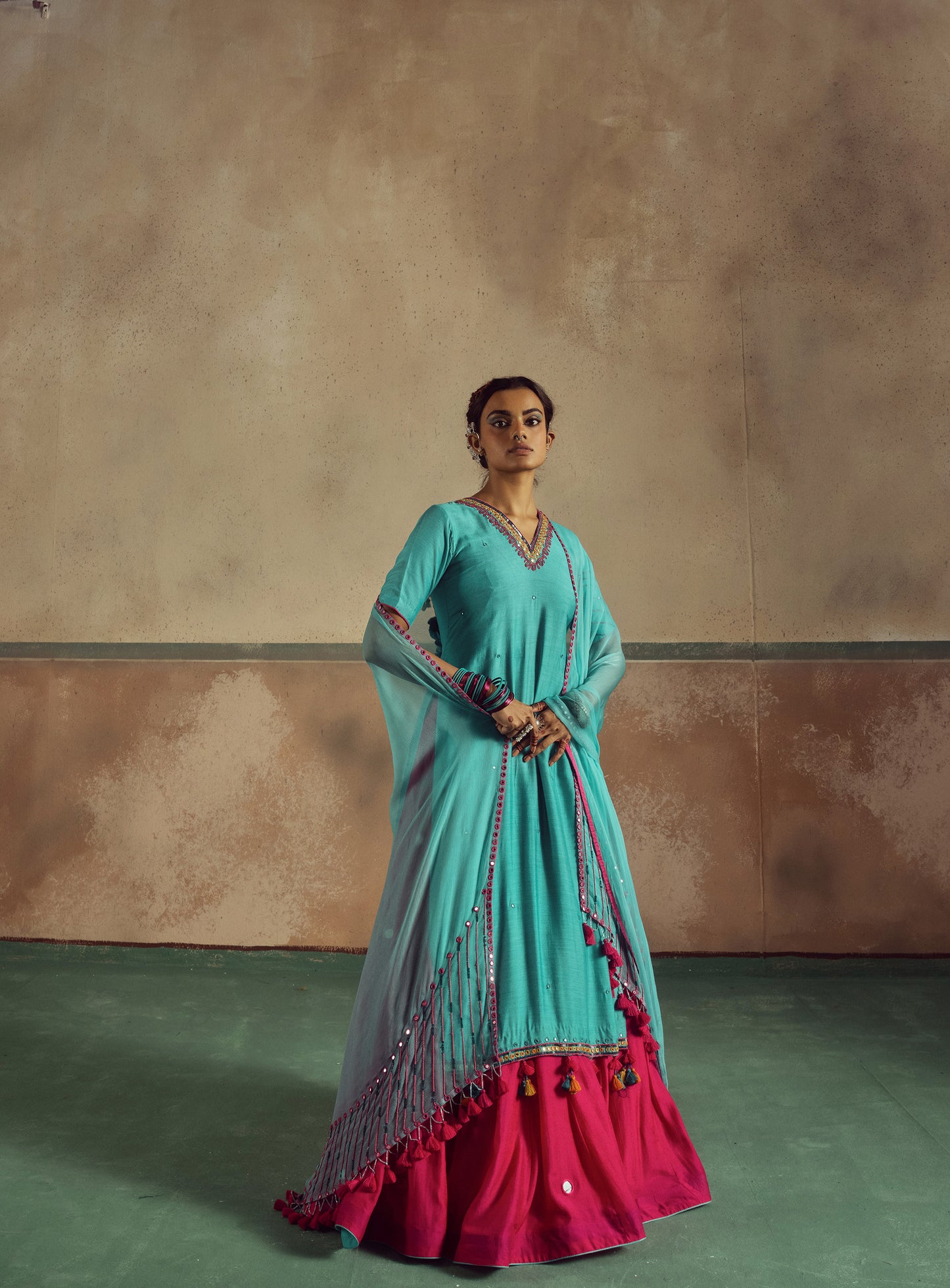 Backless aqua kurta skirt set