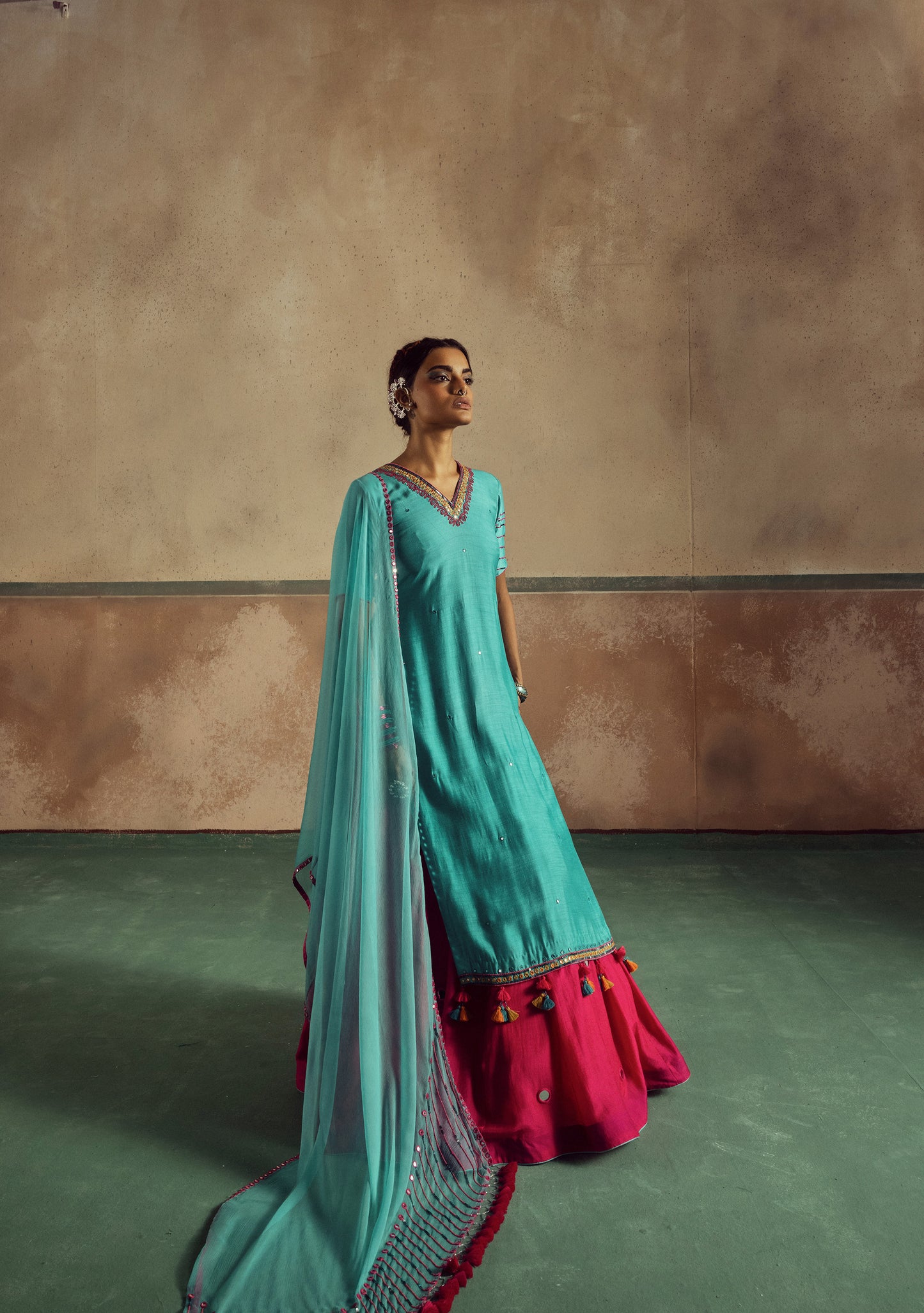 Backless aqua kurta skirt set