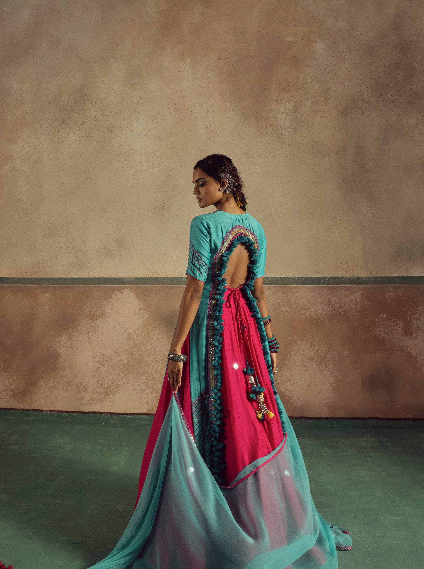 Backless aqua kurta skirt set