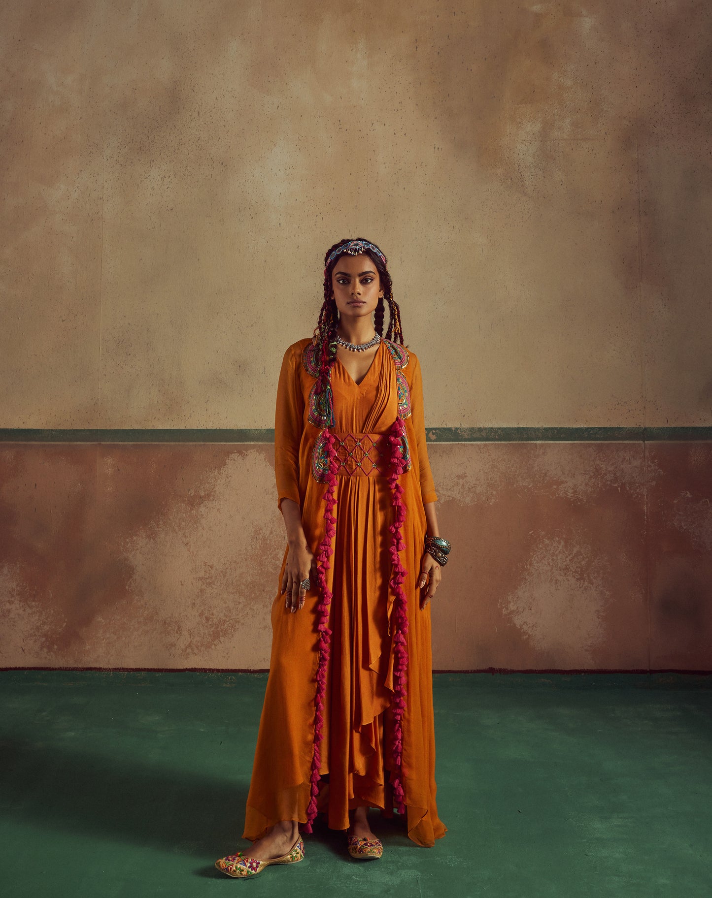 orange drape dress with cape Rang