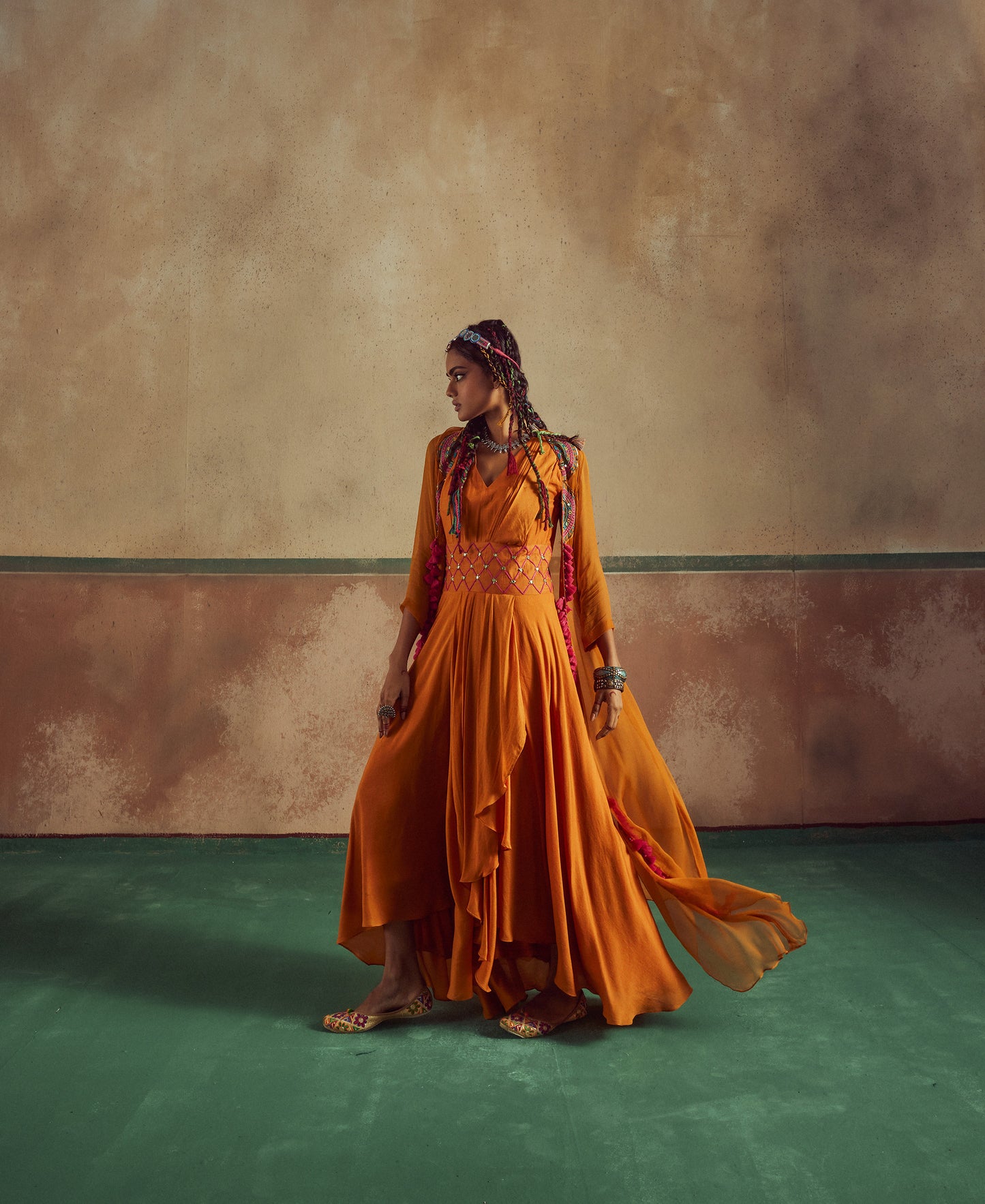 orange drape dress with cape Rang