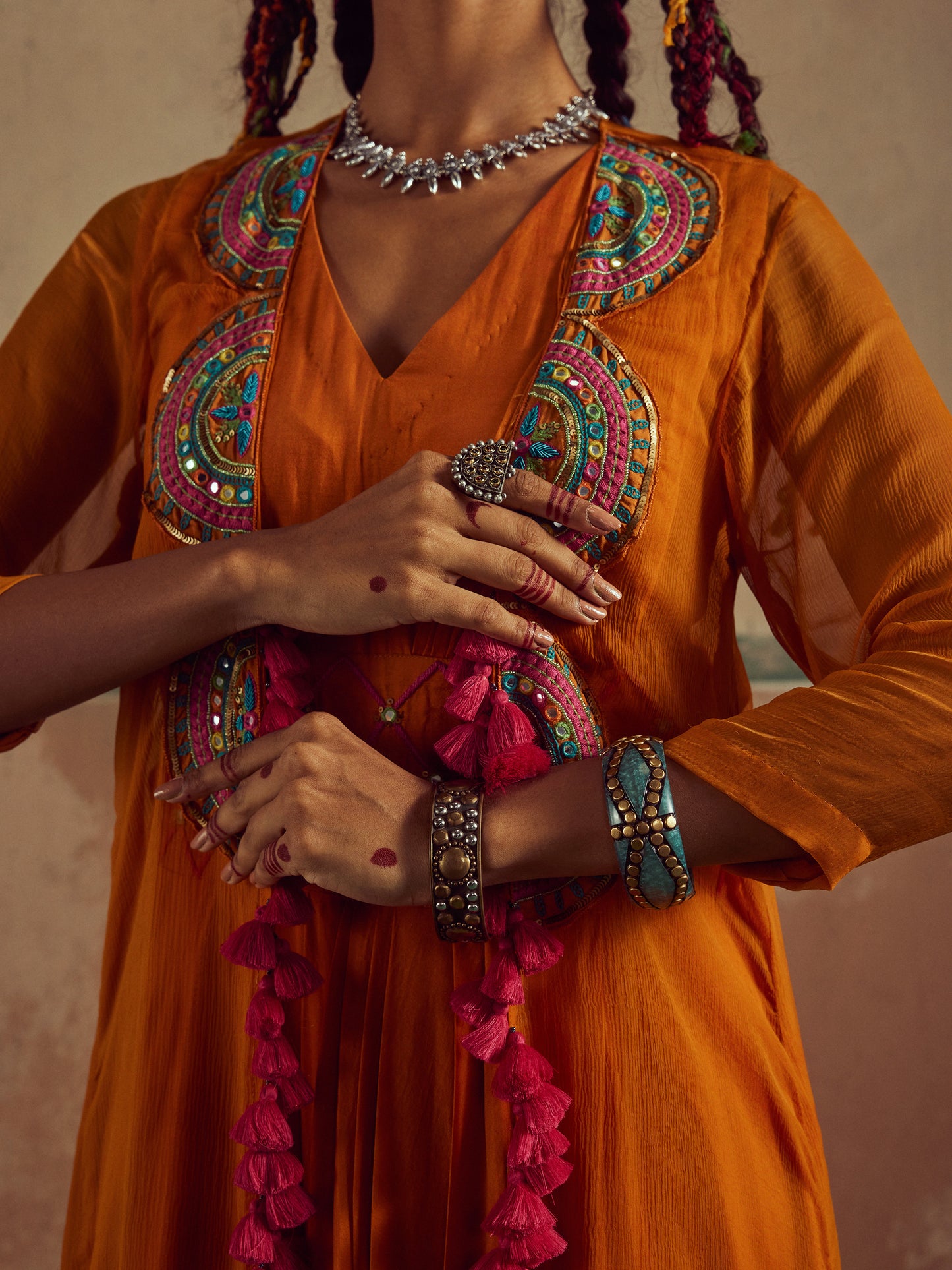 orange drape dress with cape Rang