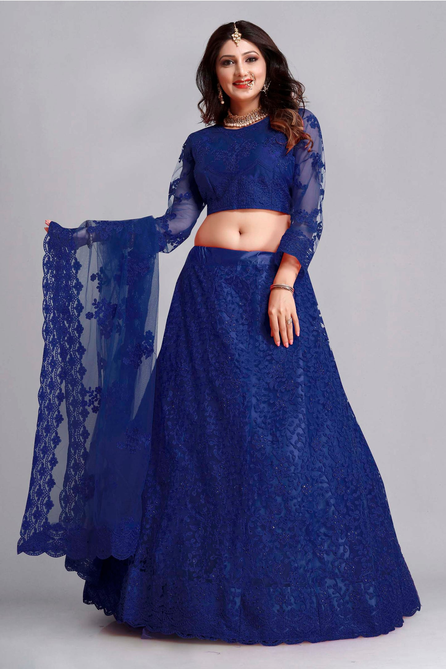 Navy Blue Color Embroidered Net Lehenga