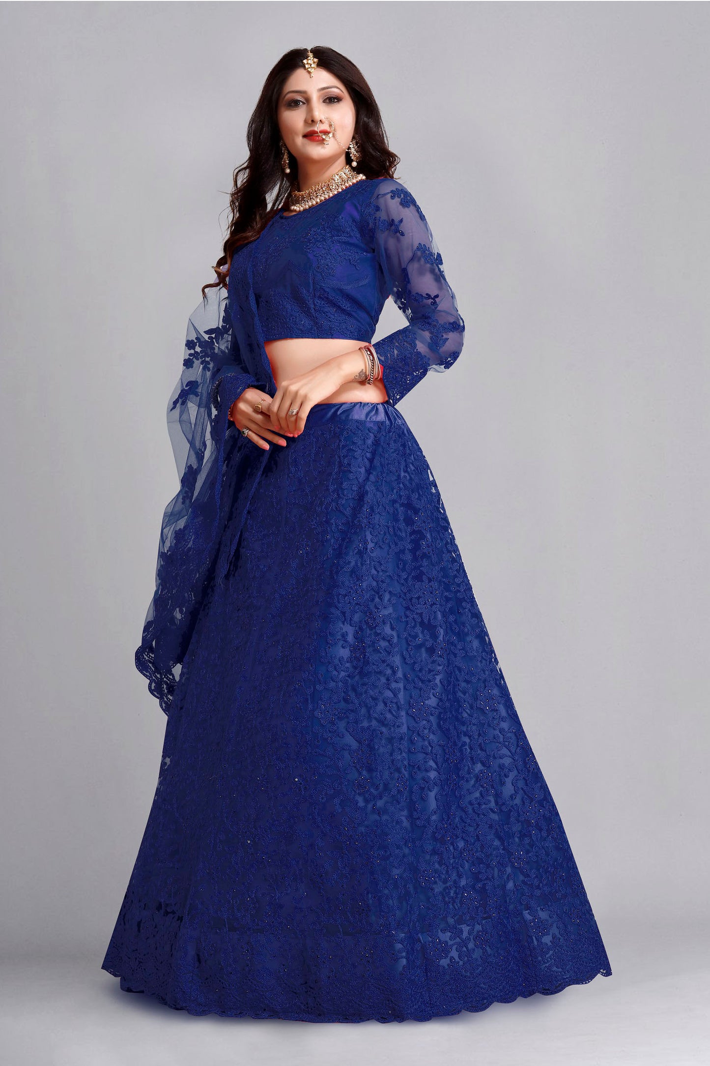 Navy Blue Color Embroidered Net Lehenga