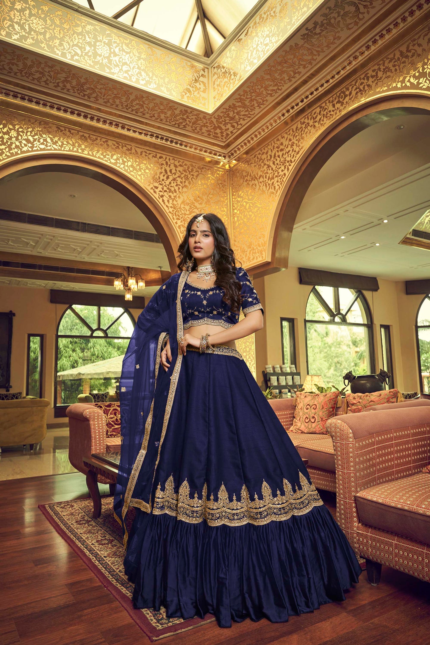 Fascinating Navy Blue Lino Silk Lehenga