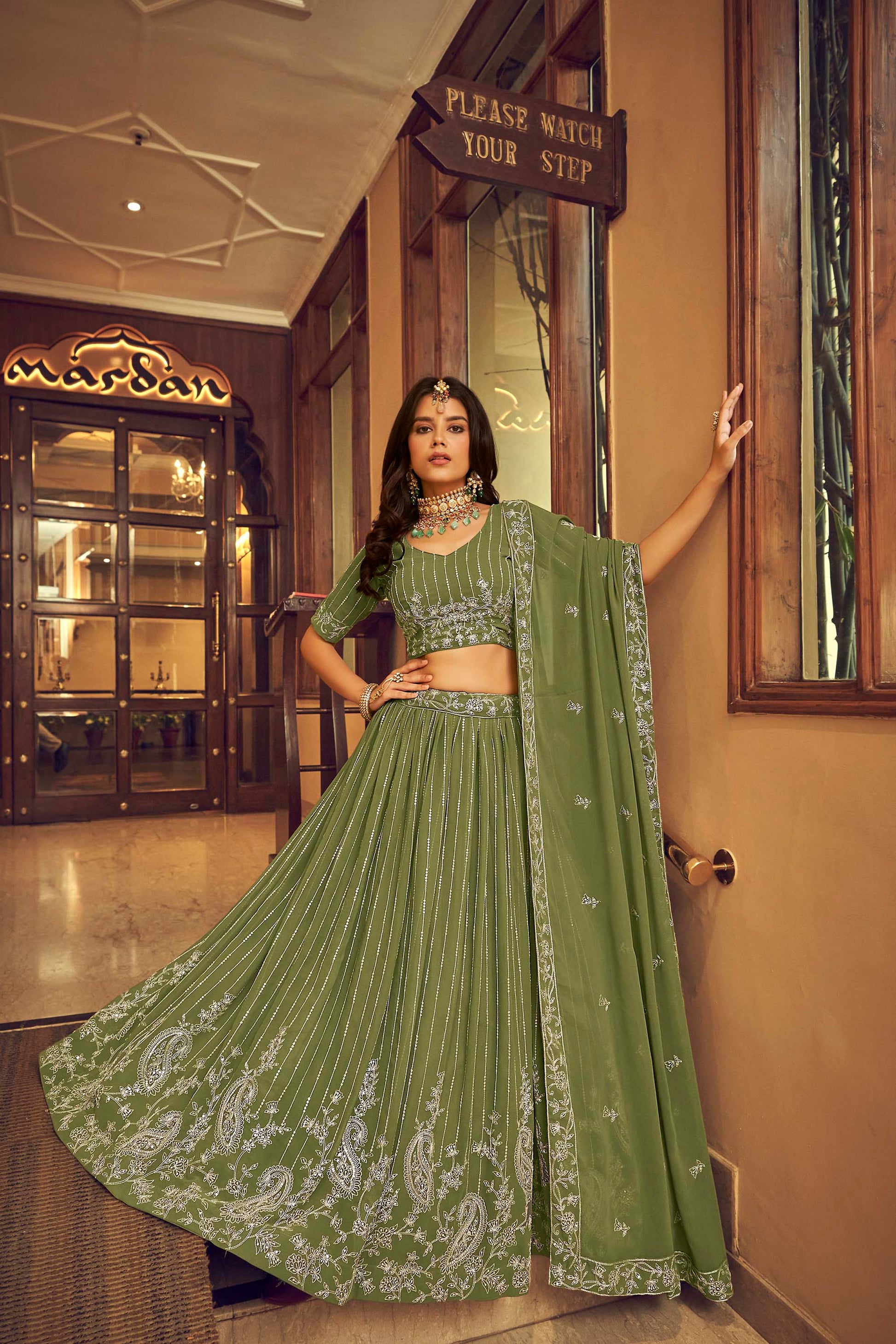 Classy Green Embroidery Faux Georgette Lehenga for Mehendi 1601