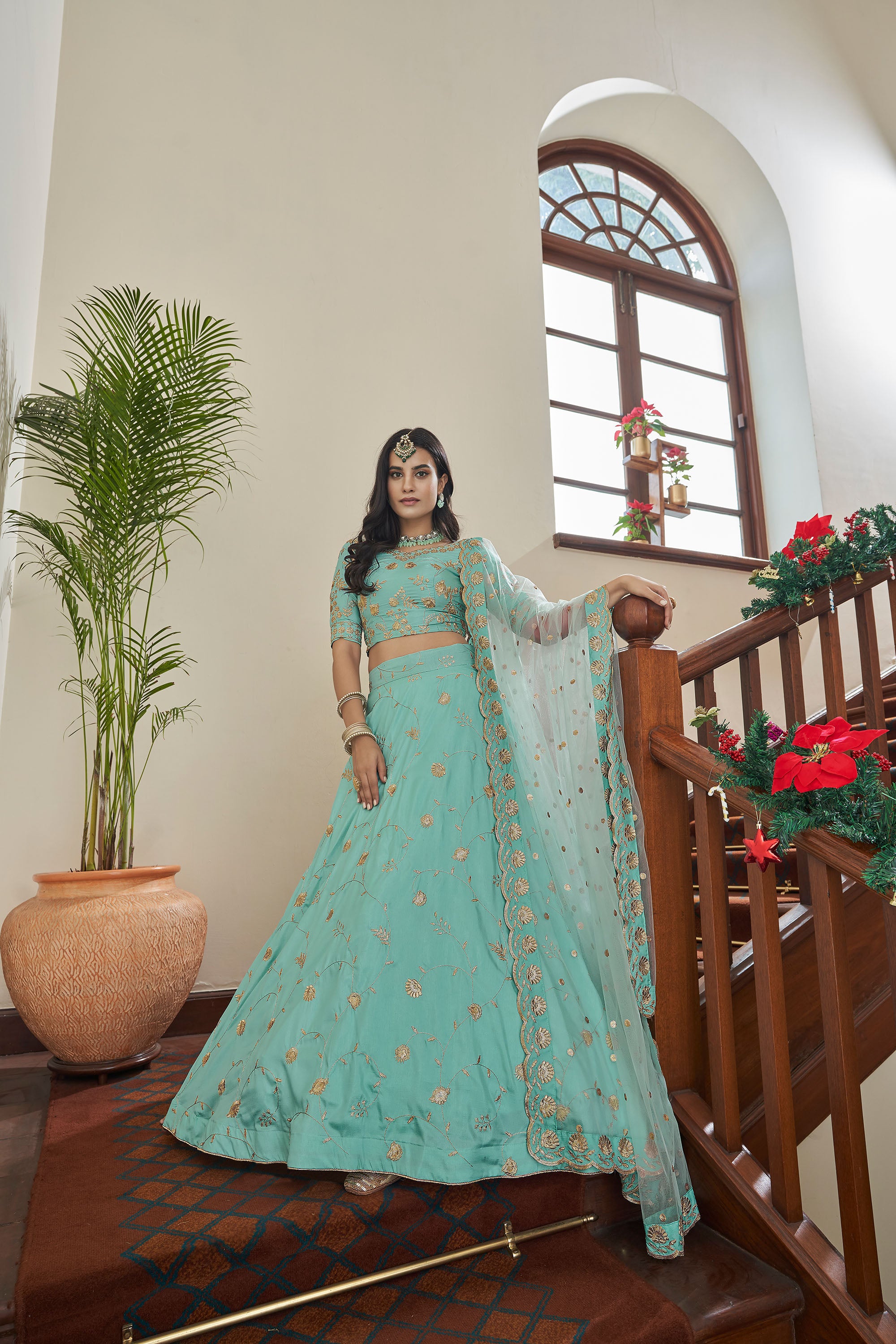 Rose Bud Pink and Sky Blue Net Designer Lehenga With Heavy Embroidered –  MySilkLove