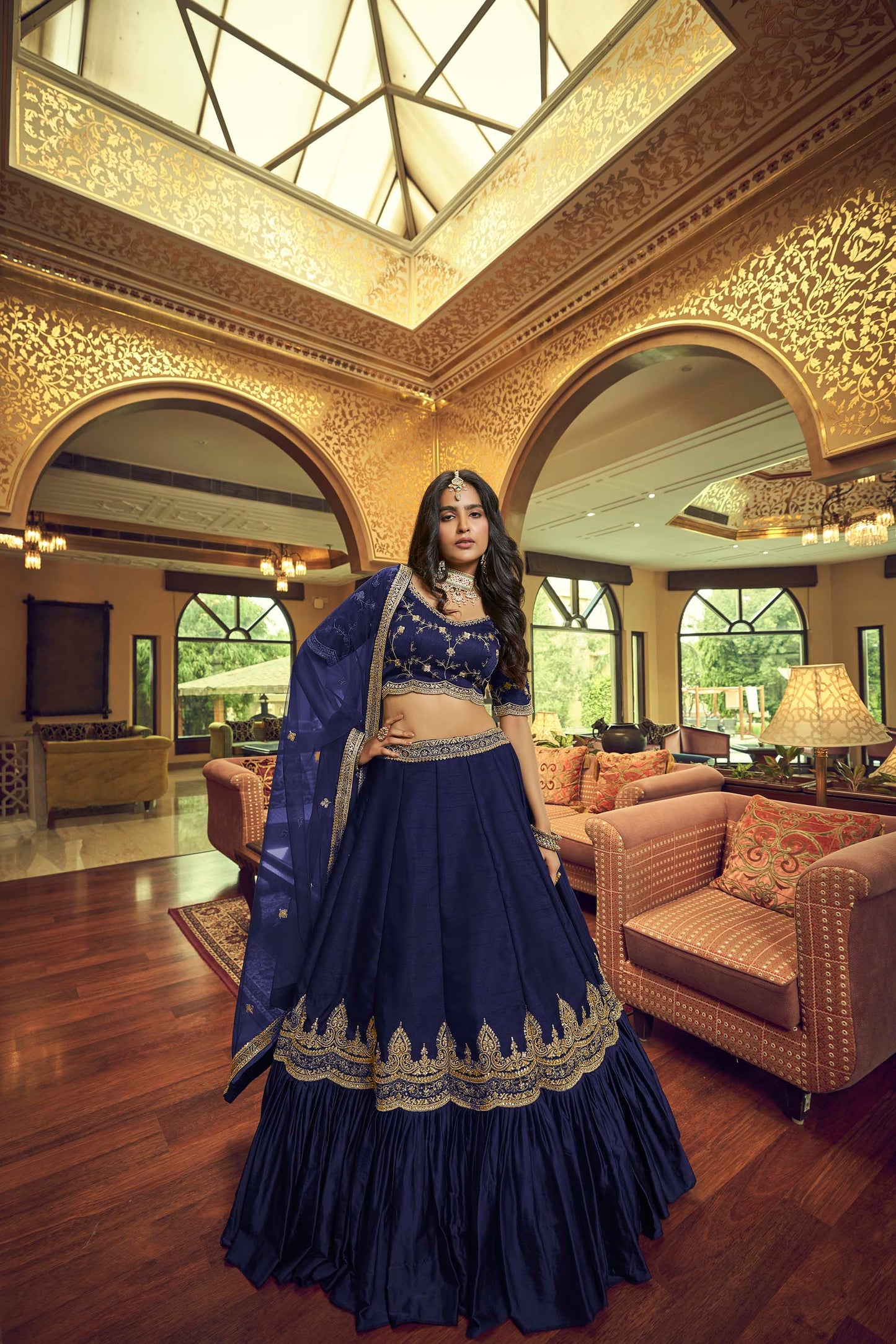 Fascinating Navy Blue Lino Silk Lehenga