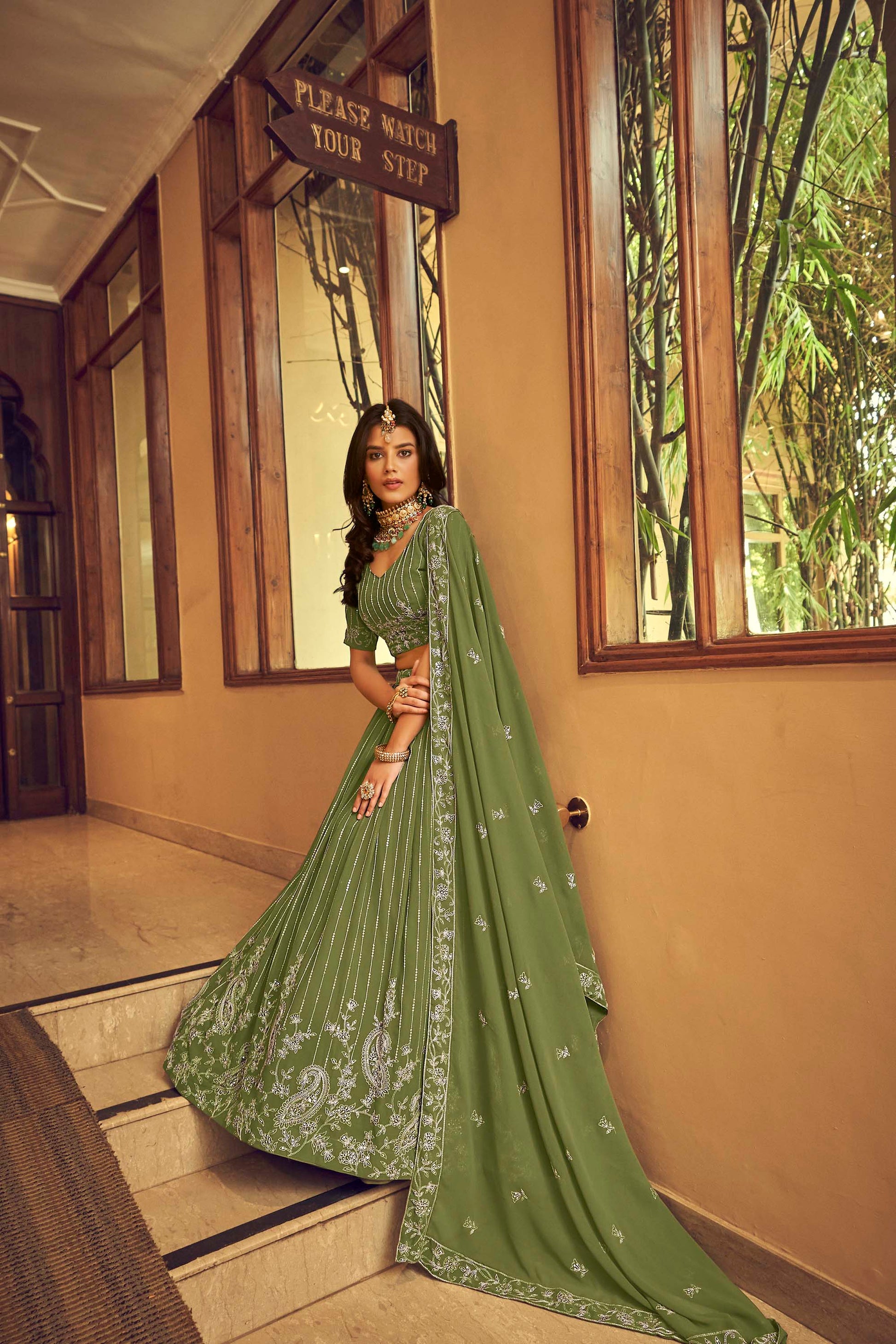 Classy Green Embroidery Faux Georgette Lehenga for Mehendi 1601