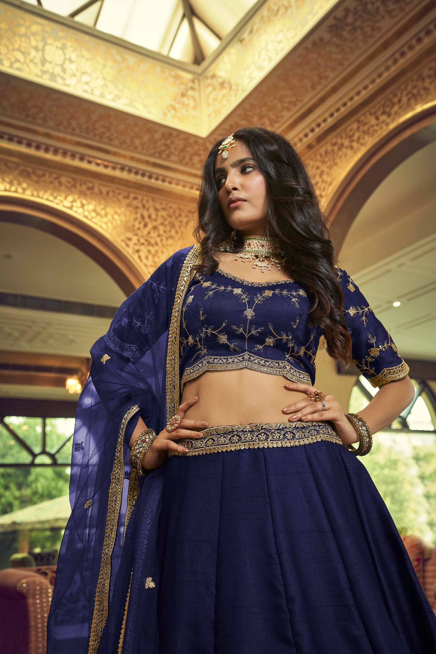 Fascinating Navy Blue Lino Silk Lehenga