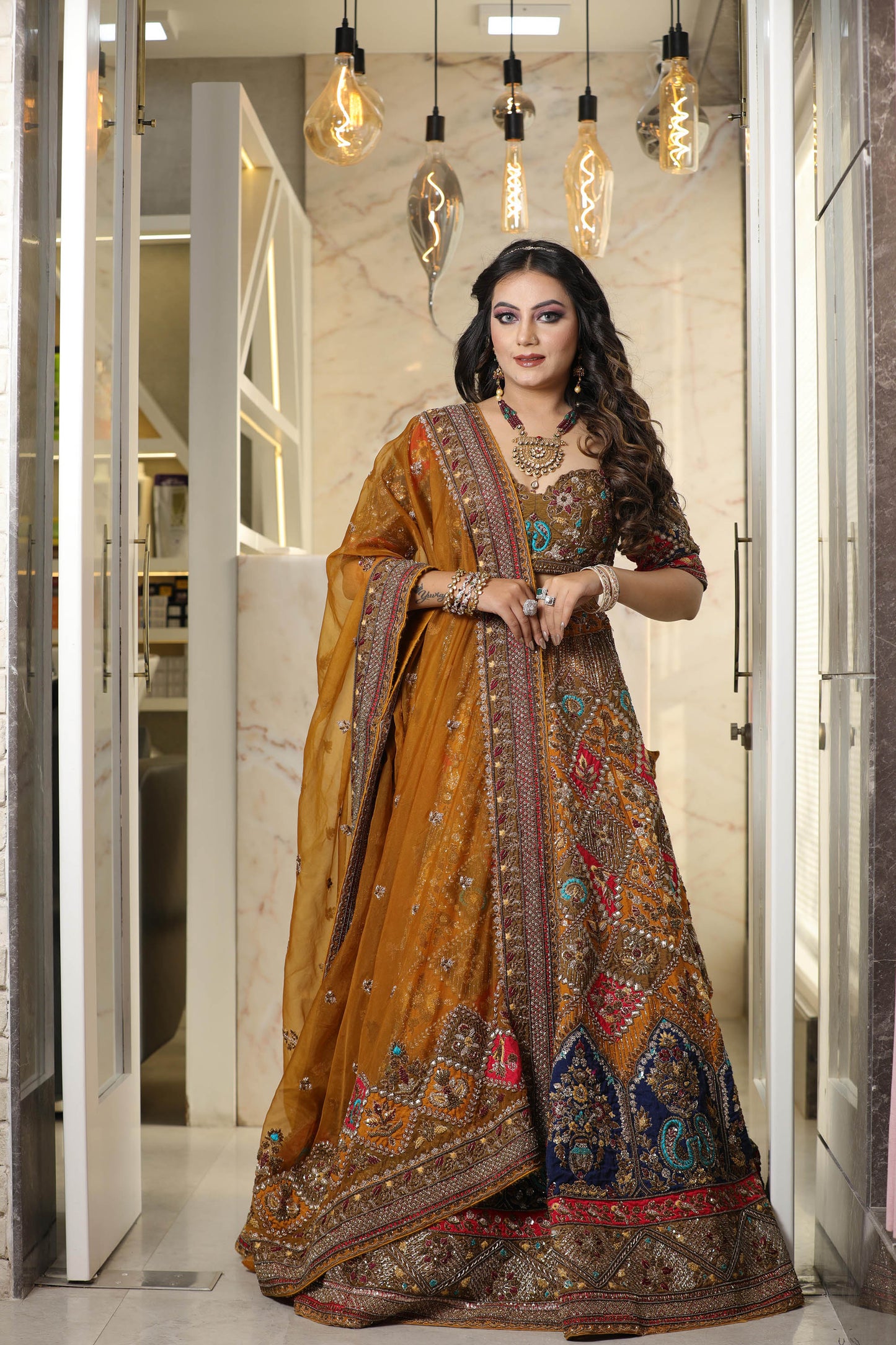 Designer Mustard Raw Silk and Organza Hand Embroidered Bridal Lehenga