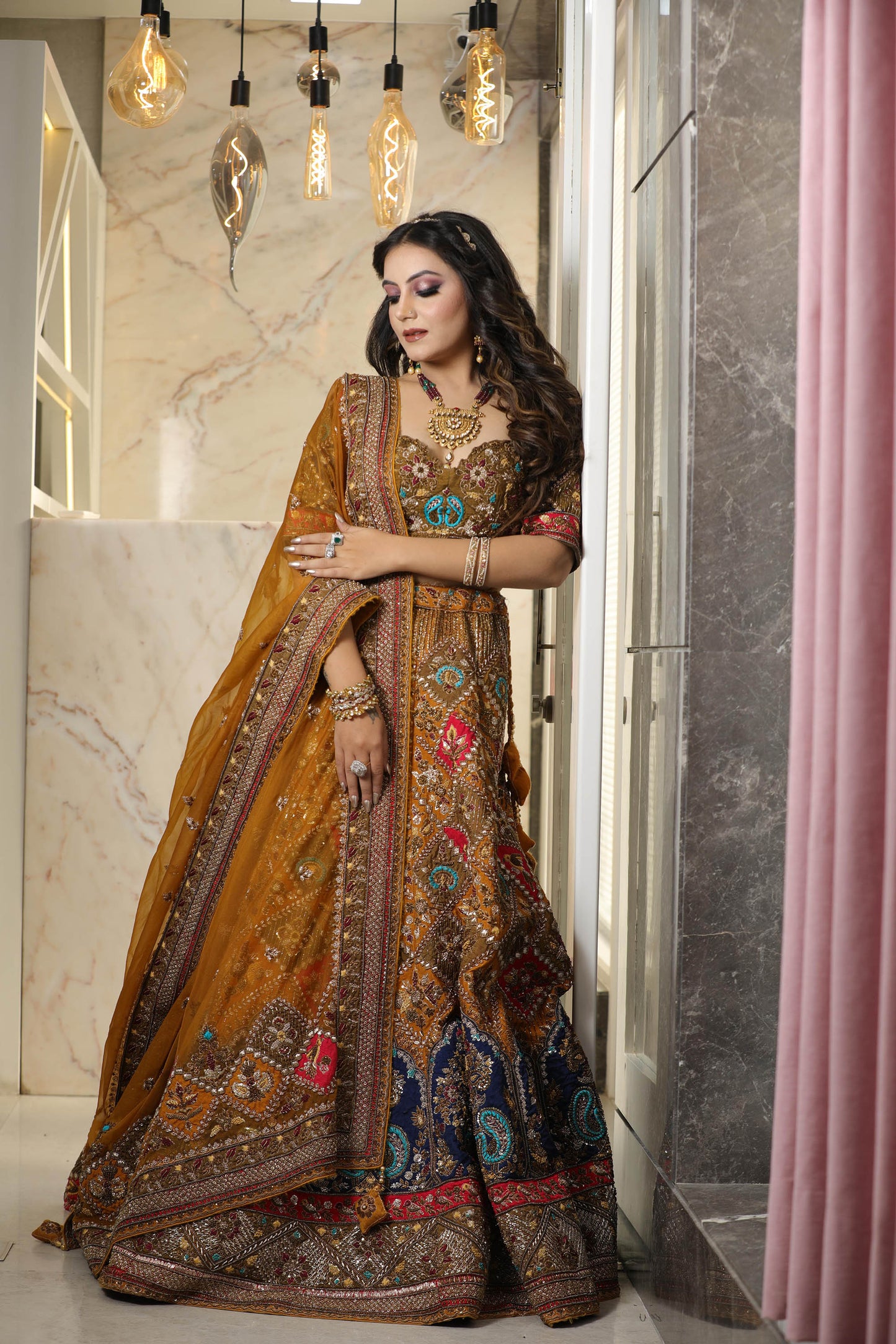 Designer Mustard Raw Silk and Organza Hand Embroidered Bridal Lehenga