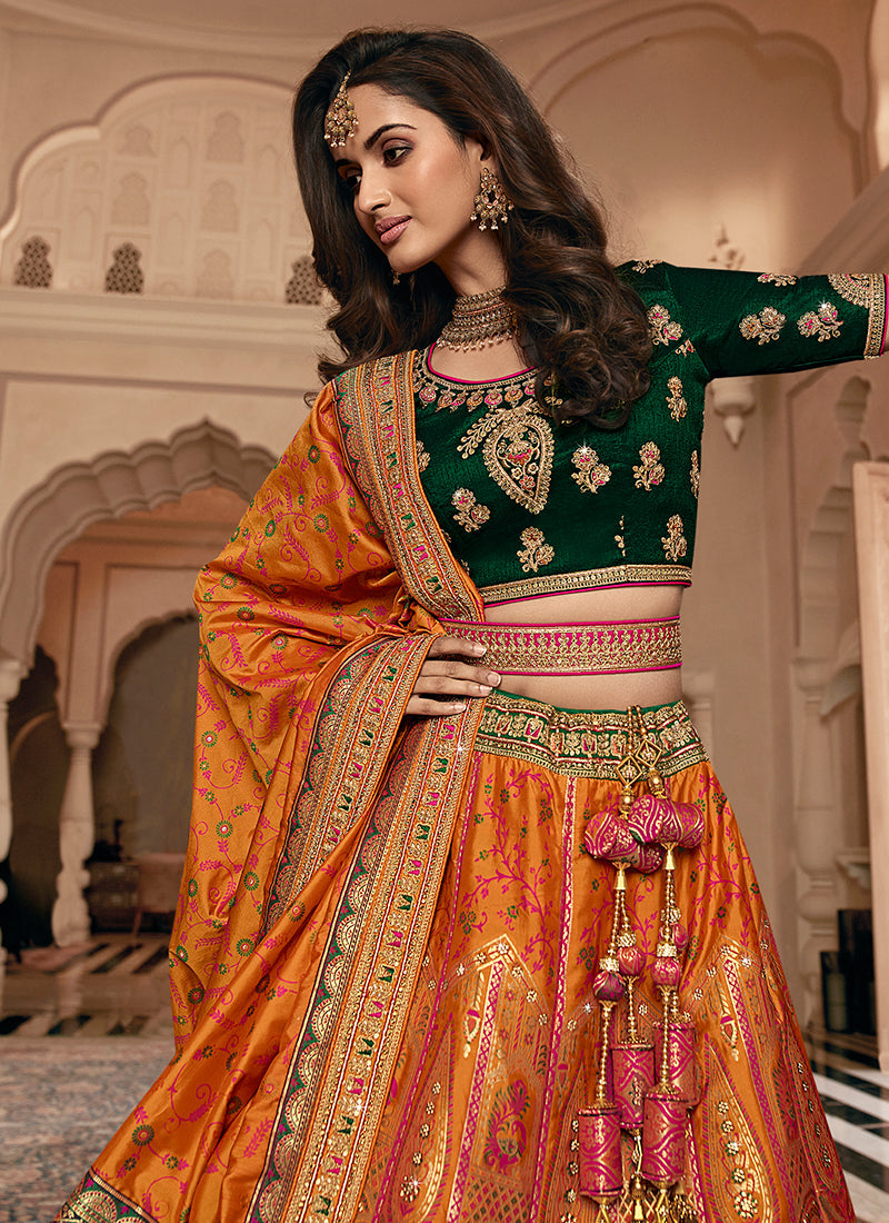 Green and Orange Zari Embroidered Bridal Lehenga