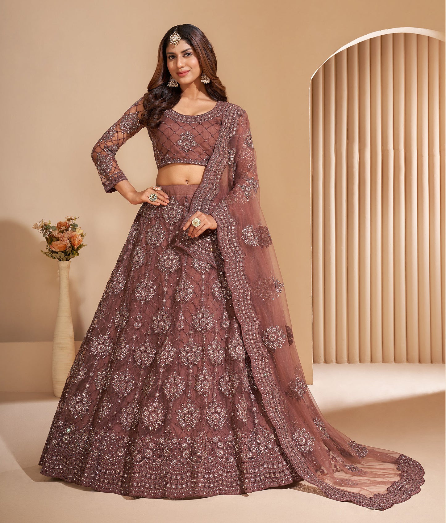 Brown Color Resham Embroidered Net Lehenga