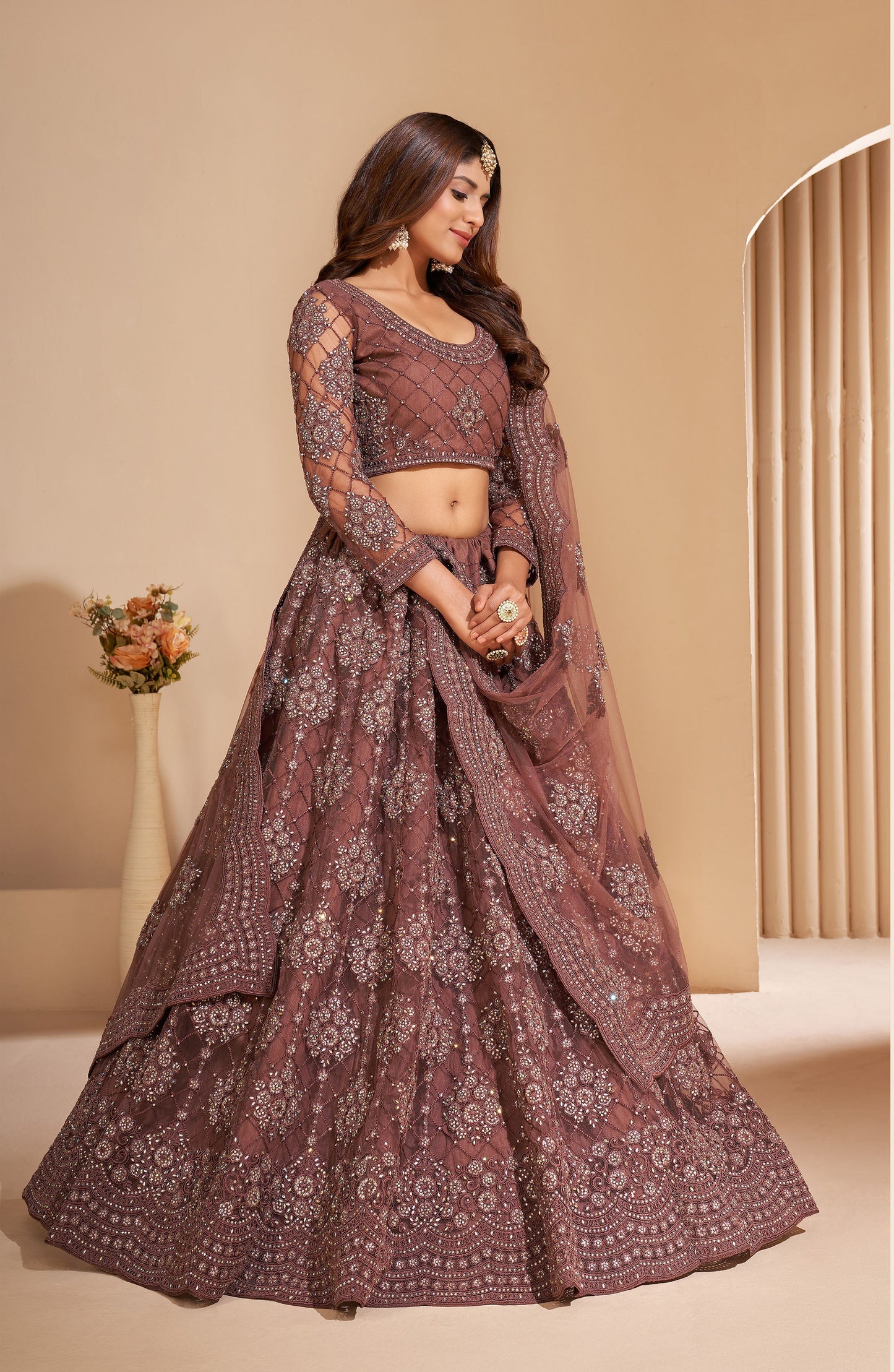 Brown Color Resham Embroidered Net Lehenga