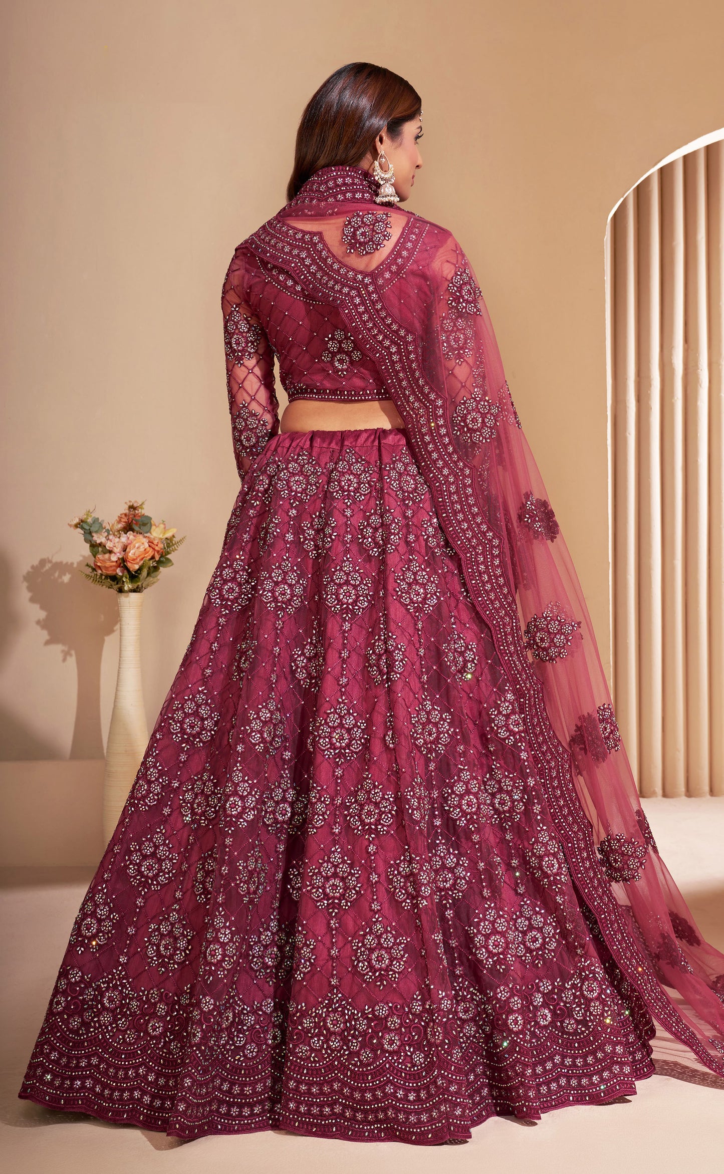 Dark Pink Color Resham Embroidered Net Lehenga