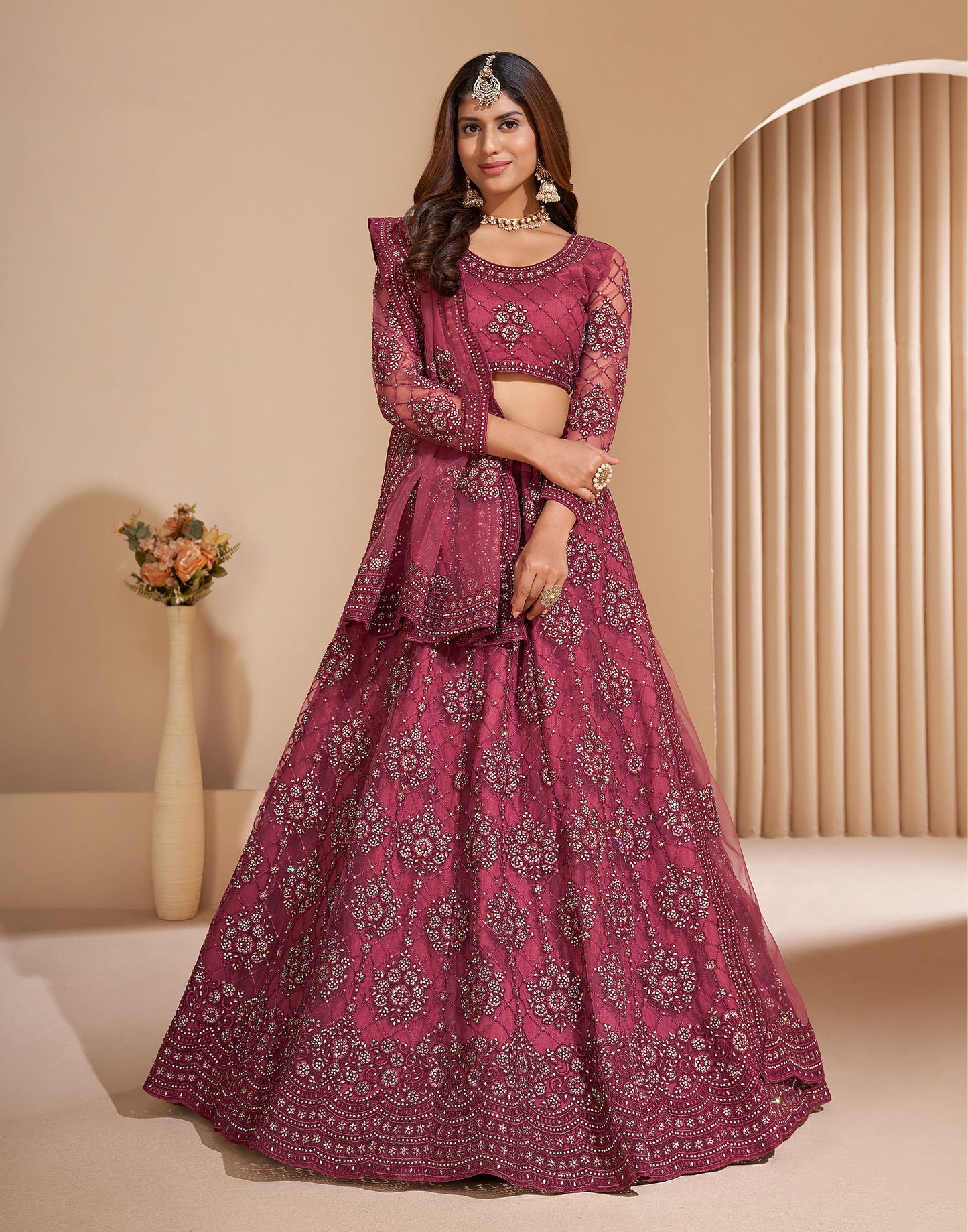 Dark Pink Color Resham Embroidered Net Lehenga