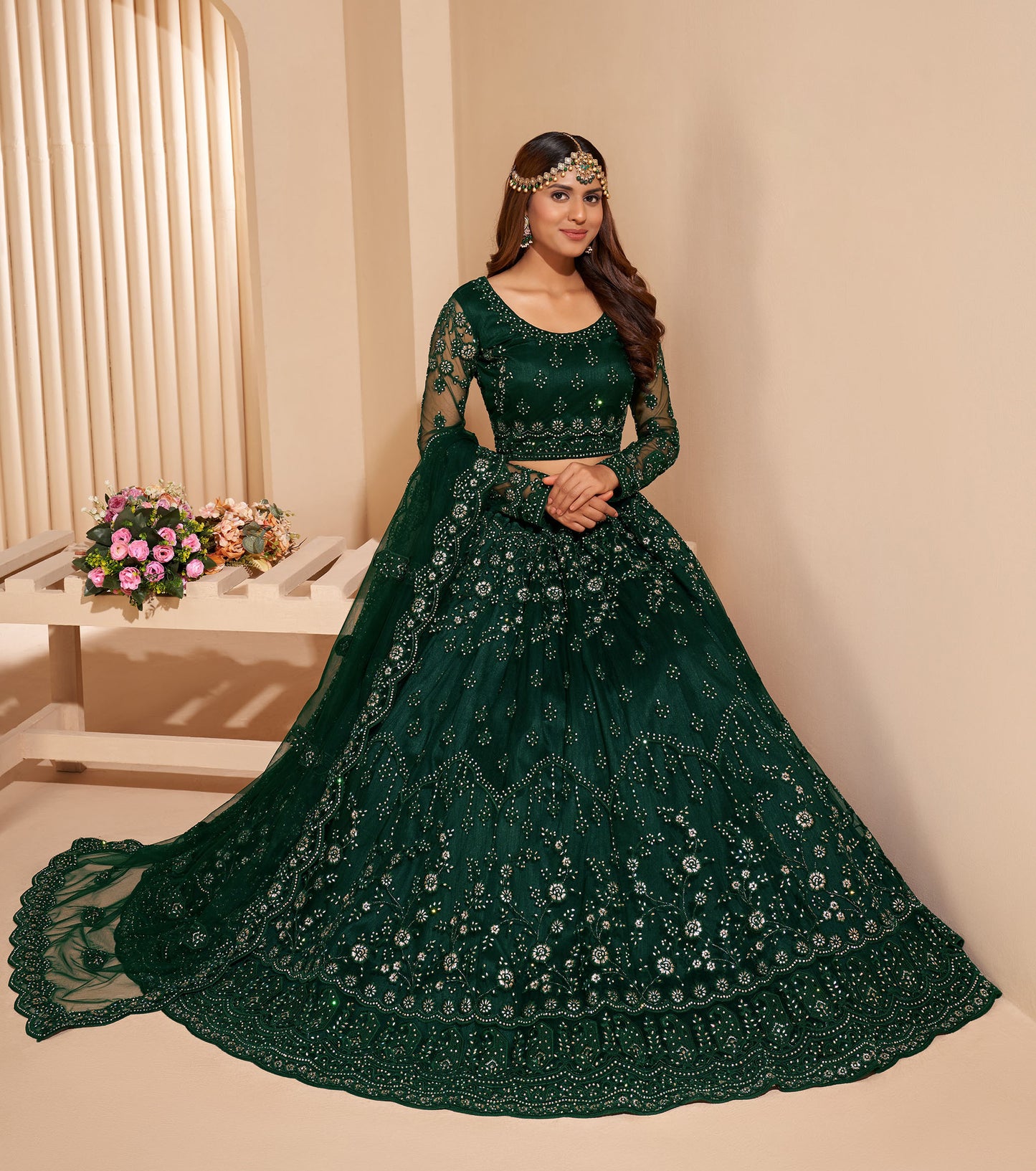 Dark Green Color Resham Embroidered Net Lehenga