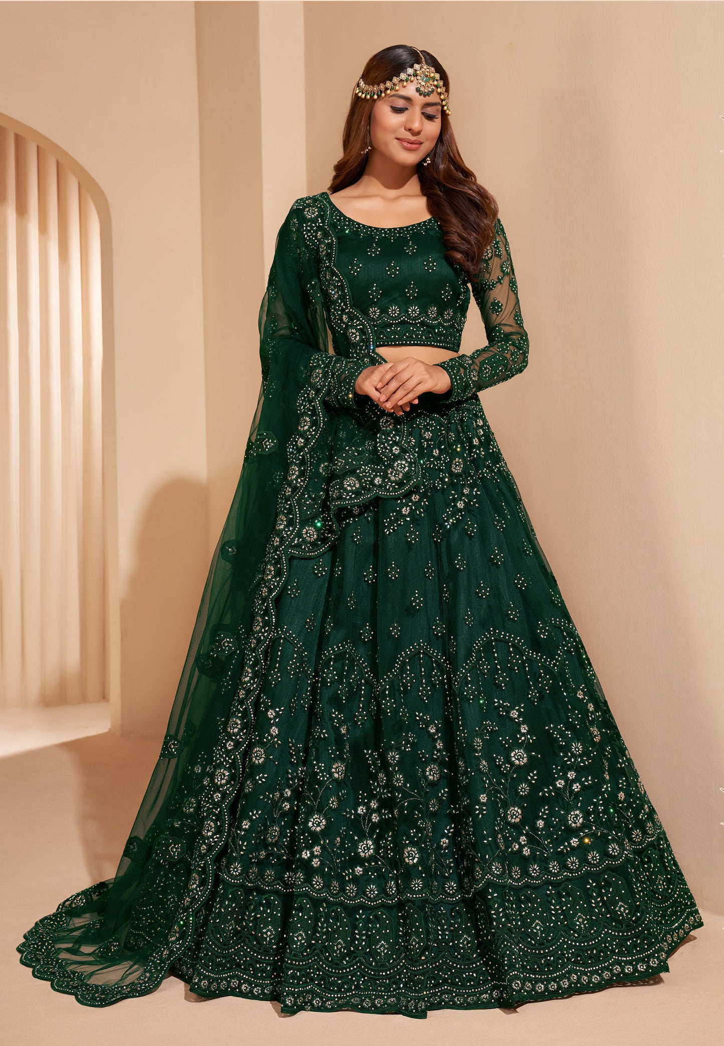 Dark Green Color Resham Embroidered Net Lehenga