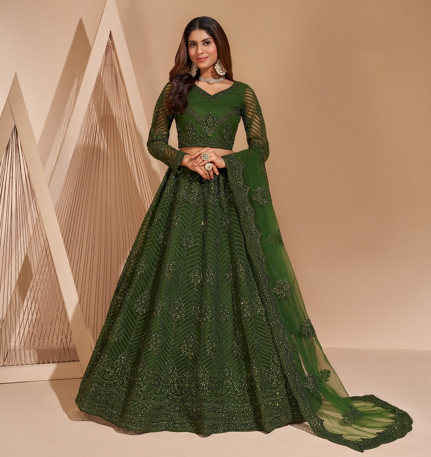 Green Color Resham Embroidered Net Lehenga