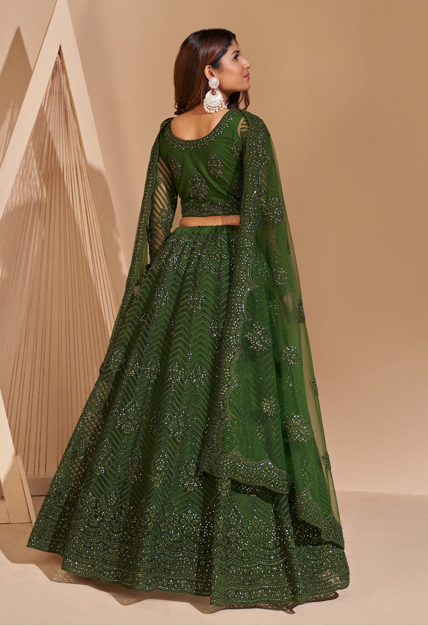 Green Color Resham Embroidered Net Lehenga