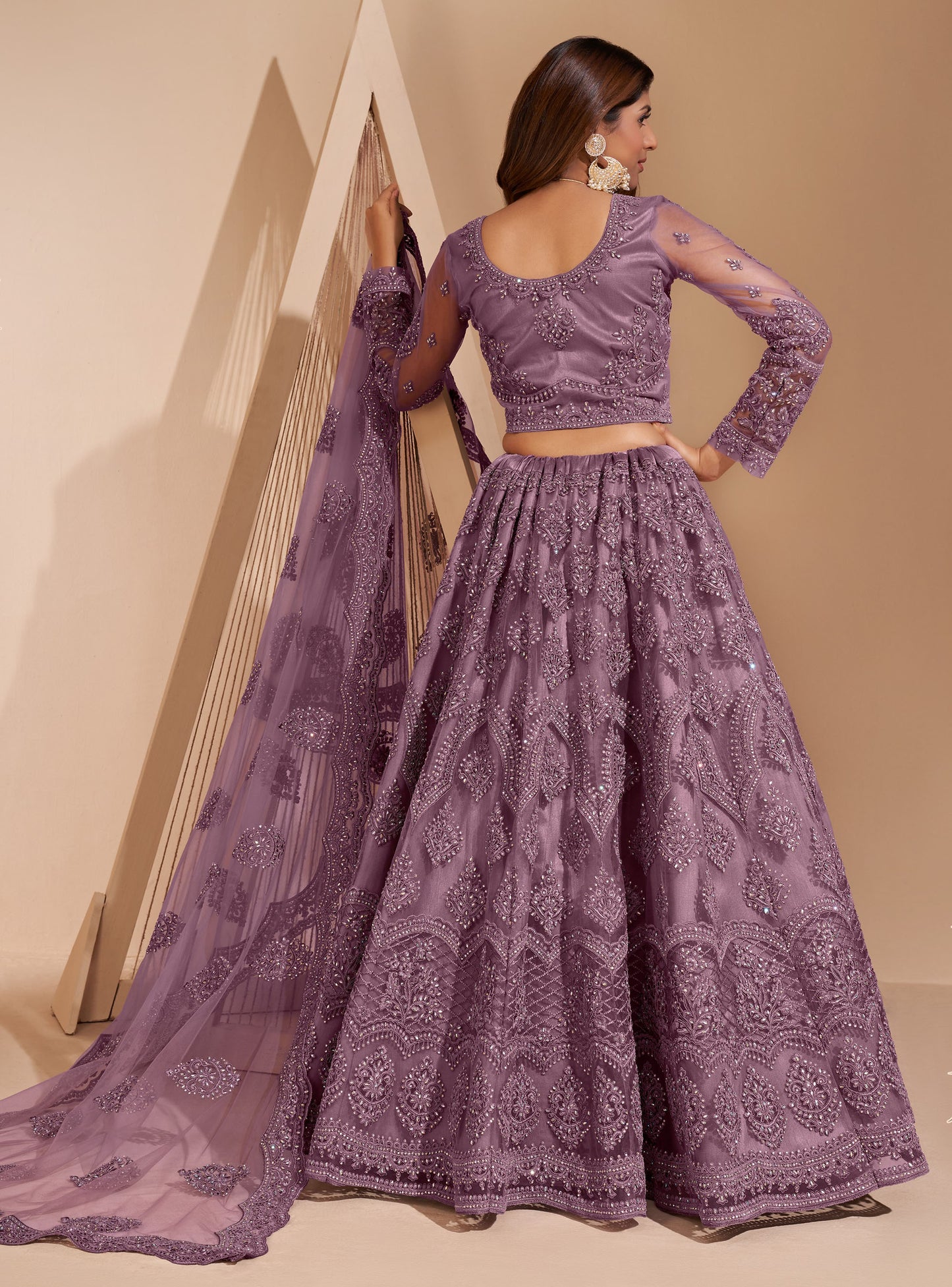 Lilac Color Resham Embroidered Net Lehenga