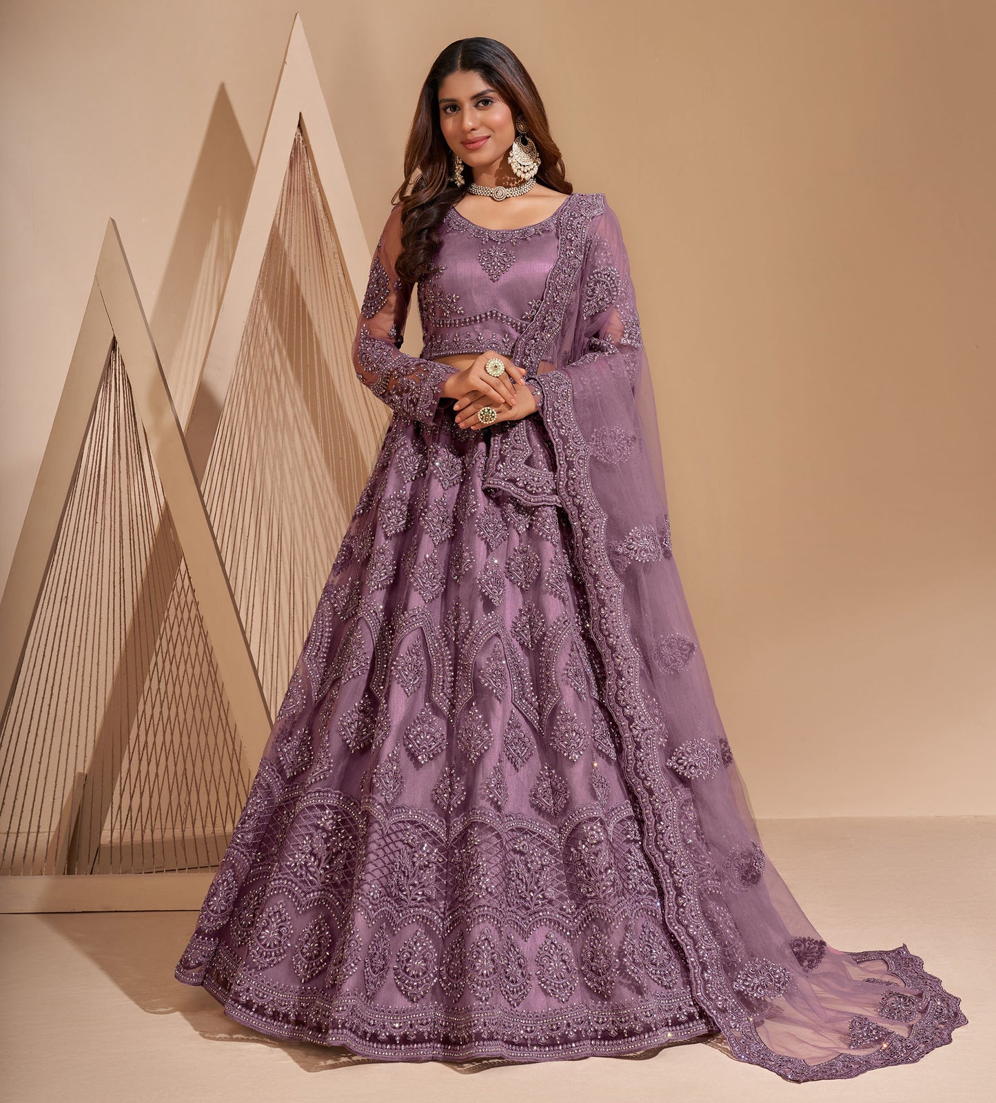 Lilac Color Resham Embroidered Net Lehenga